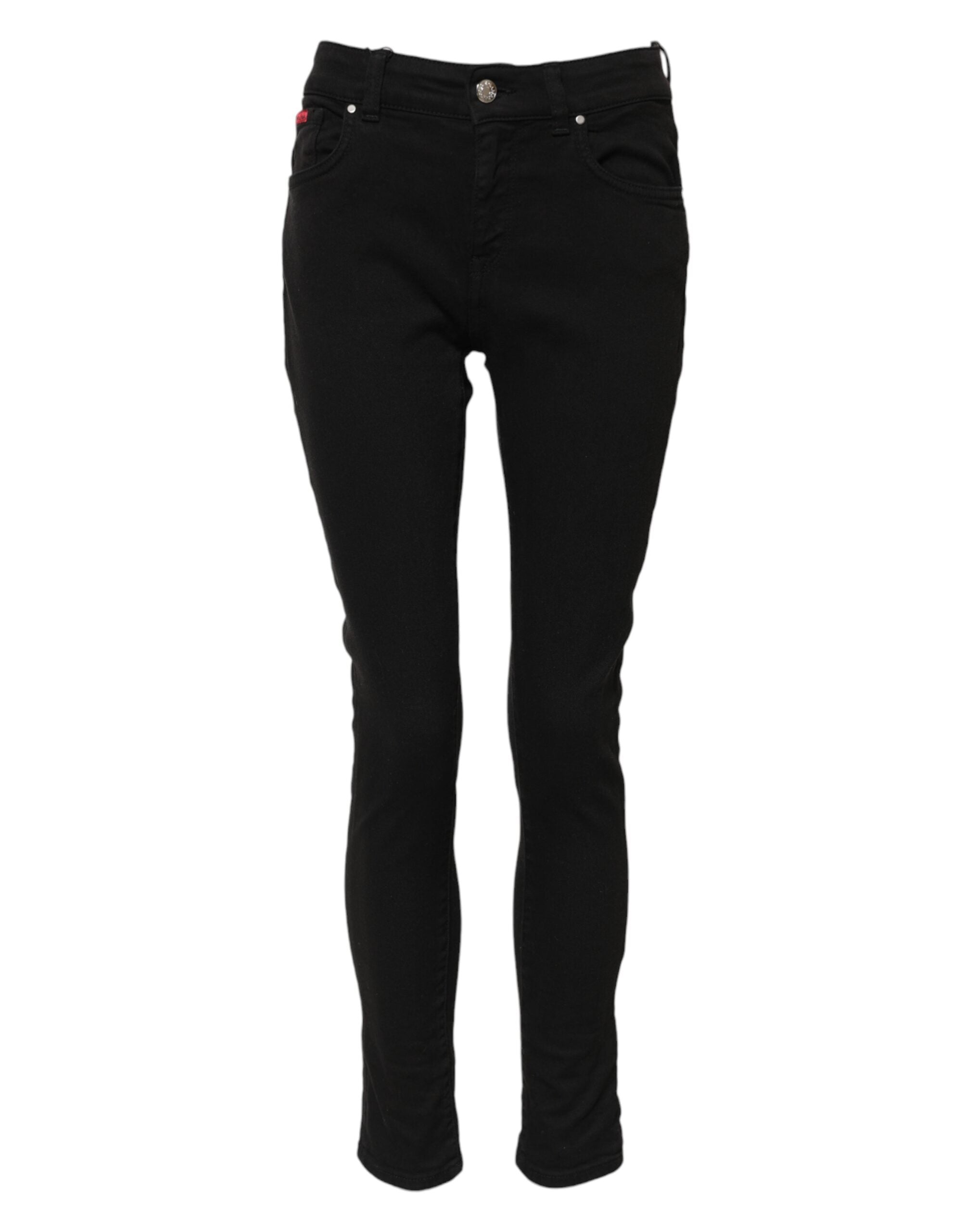 Indulge in the allure of Dolce & Gabbana's Black Cotton Logo Skinny Mid Waist Denim Jeans, where exquisite craftsmanship meets timeless luxury for a captivating statement.