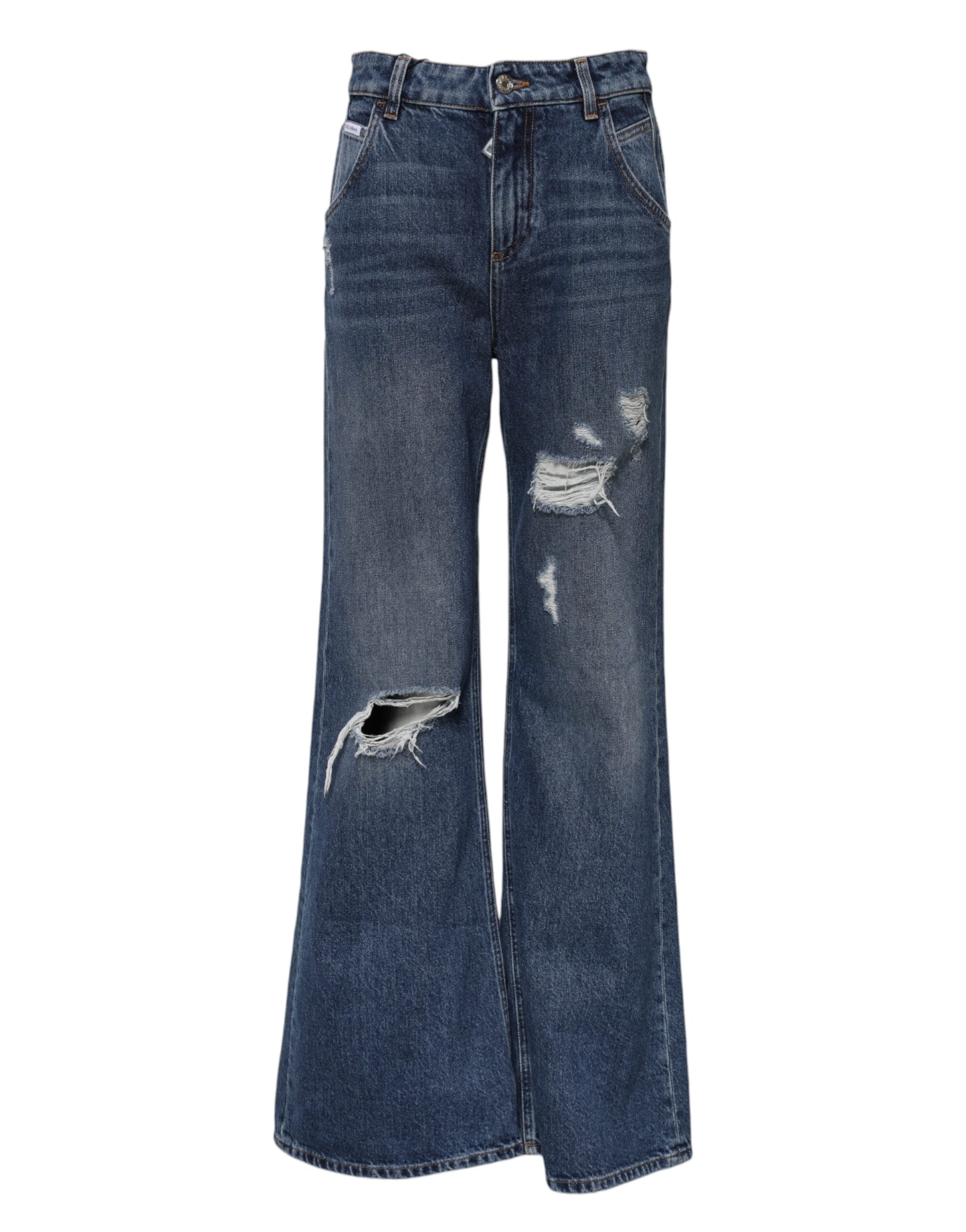 Indulge in the exquisite Dolce & Gabbana Blue Cotton Wide Leg Tattered Denim Jeans, where Italian craftsmanship meets unparalleled luxury, elevating your style with every wear.
