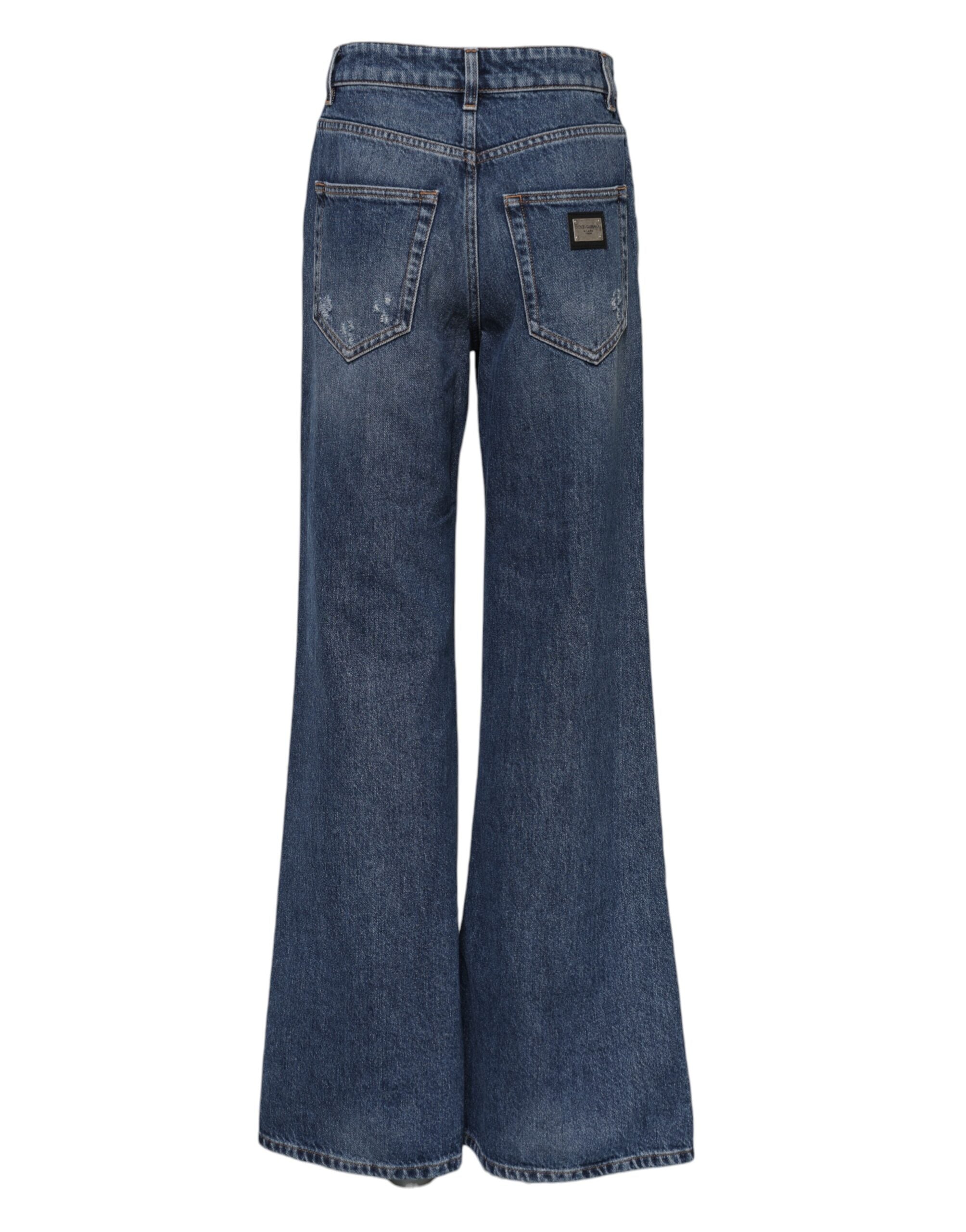 Dolce & Gabbana Blue Cotton Wide Leg Tattered Denim Jeans