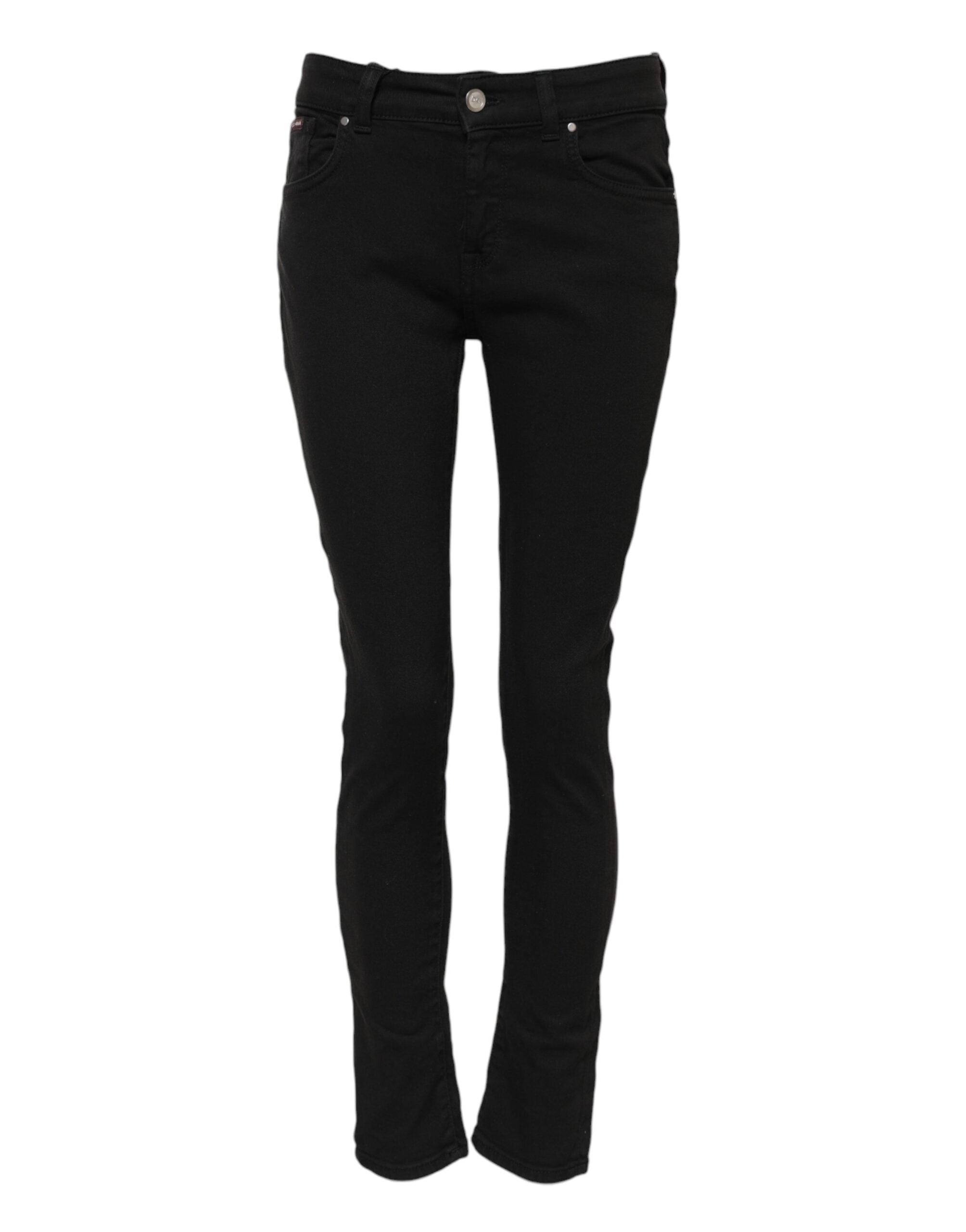 Indulge in the allure of Dolce & Gabbana's Black Cotton Logo Skinny Mid Waist Denim Jeans, crafted from premium materials for a timeless, sophisticated fit that elevates your wardrobe.