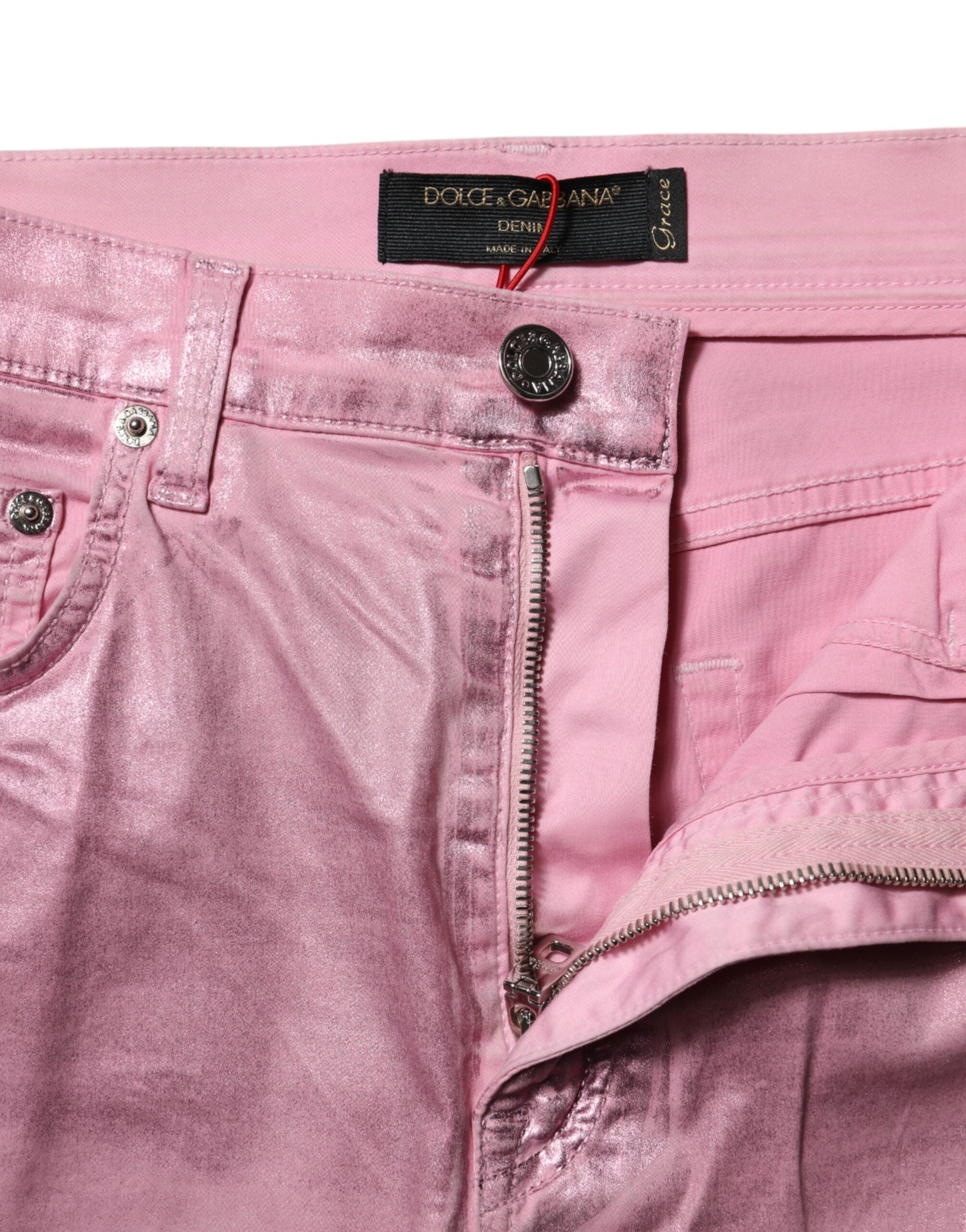 Indulge in the exquisite Dolce & Gabbana Pink GRACE High Waisted Skinny Denim Jeans, crafted from premium materials for a silhouette that embodies elegance and allure.