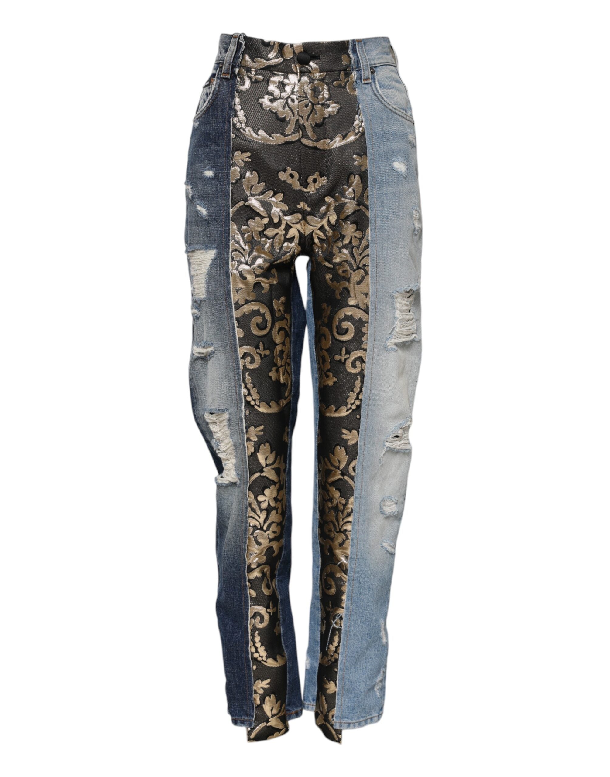 Elevate your wardrobe with Dolce & Gabbana's Multicolor Patchwork Tapered Denim Jeans, where exquisite craftsmanship meets luxurious design for a statement of individuality.