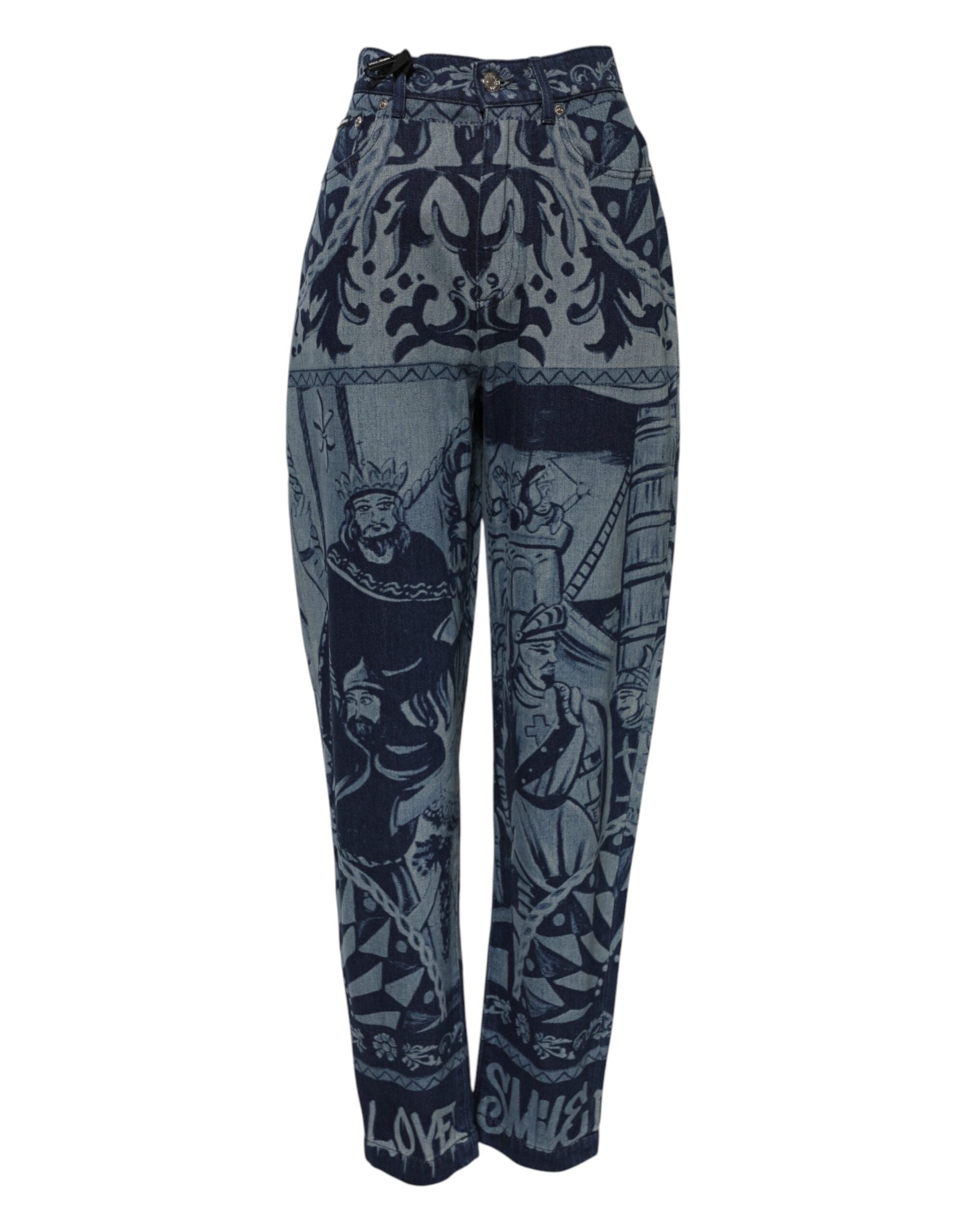 Indulge in the exquisite Dolce & Gabbana Blue Graphic Print Tapered Denim Jeans, crafted from 100% cotton, embodying luxury and artistry for the discerning individual.