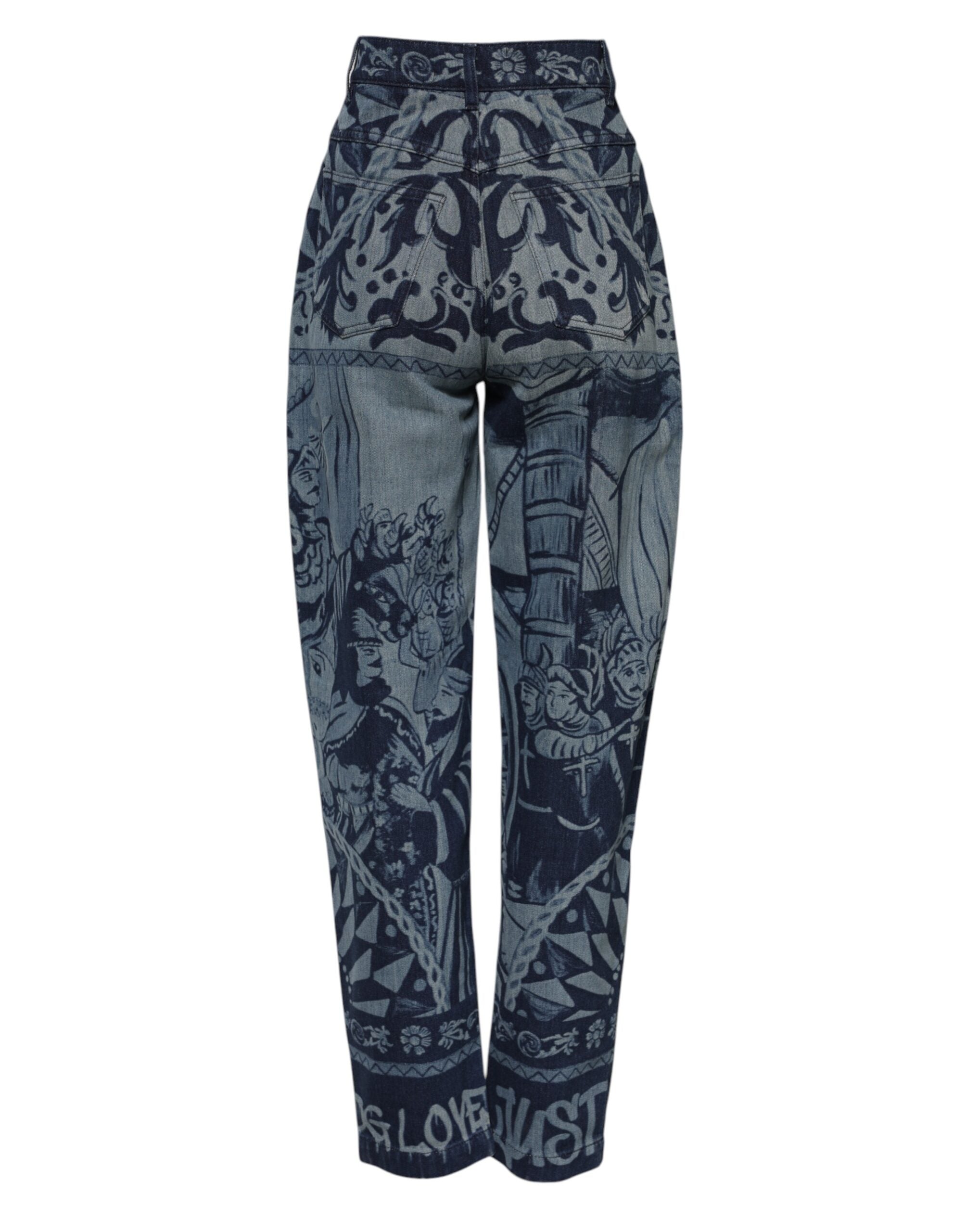 Indulge in the exquisite Dolce & Gabbana Blue Graphic Print Tapered Denim Jeans, crafted from 100% cotton, embodying luxury and artistry for the discerning individual.