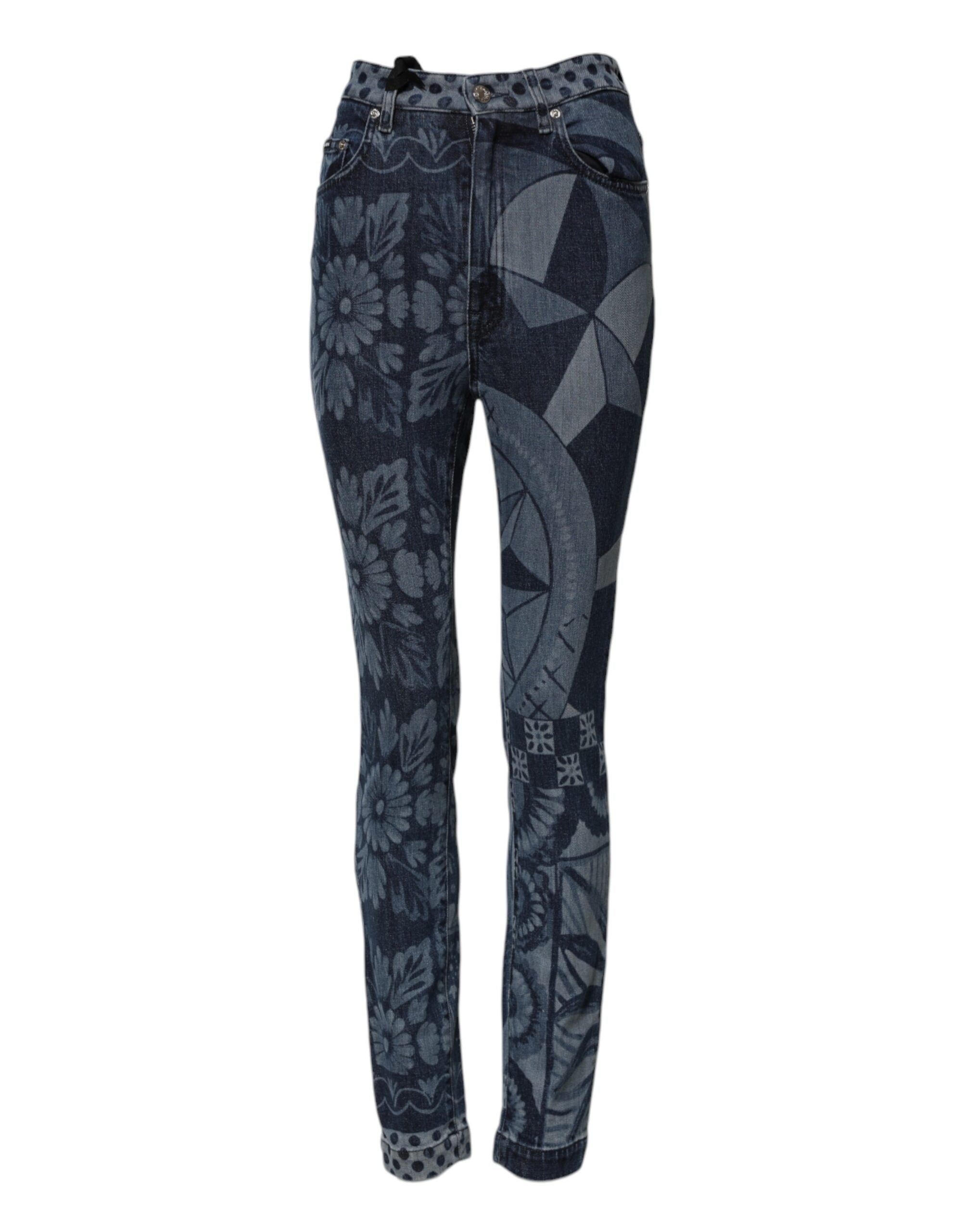 Elevate your wardrobe with Dolce & Gabbana's Blue Graphic Print Cotton Skinny Denim Jeans, a masterpiece of Italian craftsmanship that embodies luxury and sophistication.