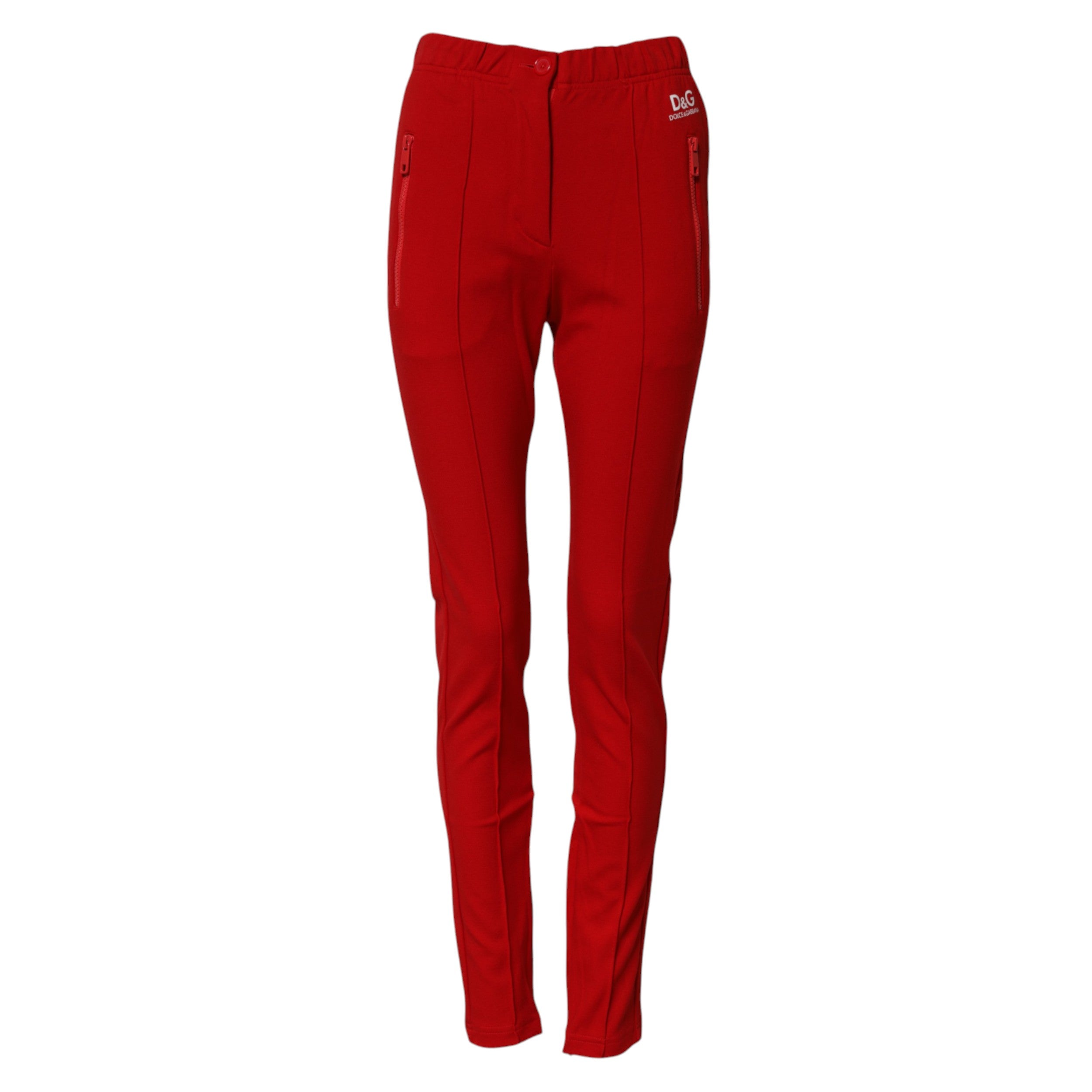 Experience the allure of Dolce & Gabbana Red Mid Waist Slim Fit Pants, crafted from luxurious materials for a silhouette that captivates and elevates your style.