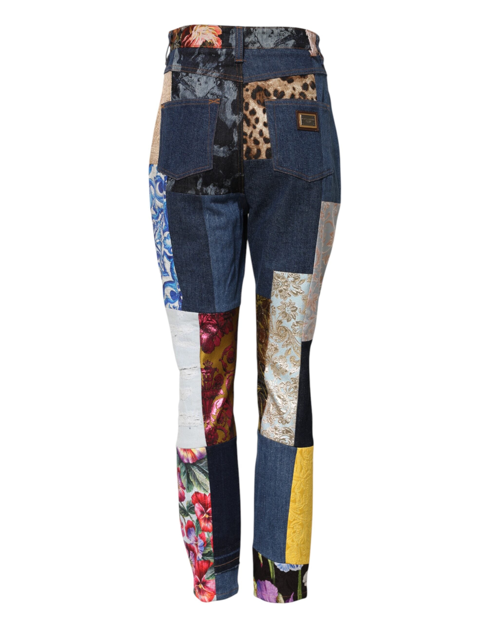 Indulge in the exquisite Dolce & Gabbana Multicolor Patchwork Skinny Denim Jeans, crafted in Italy from a luxurious blend of silk and cotton, embodying timeless elegance and artistic expression.