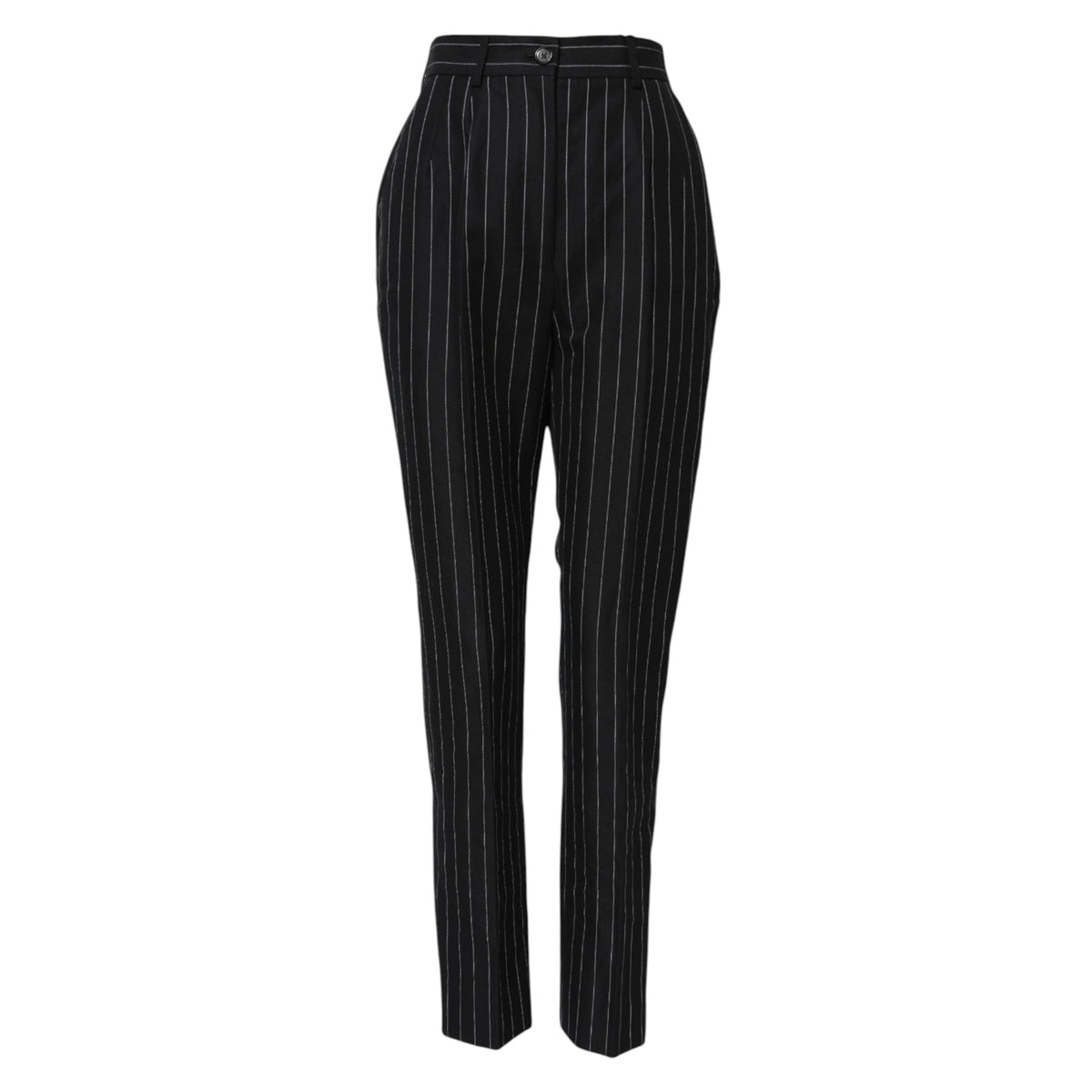 Experience the exquisite craftsmanship of Dolce & Gabbana's Black Stripes High Waist Tapered Pants, where luxurious linen and cotton blend redefine elegance for the modern connoisseur.