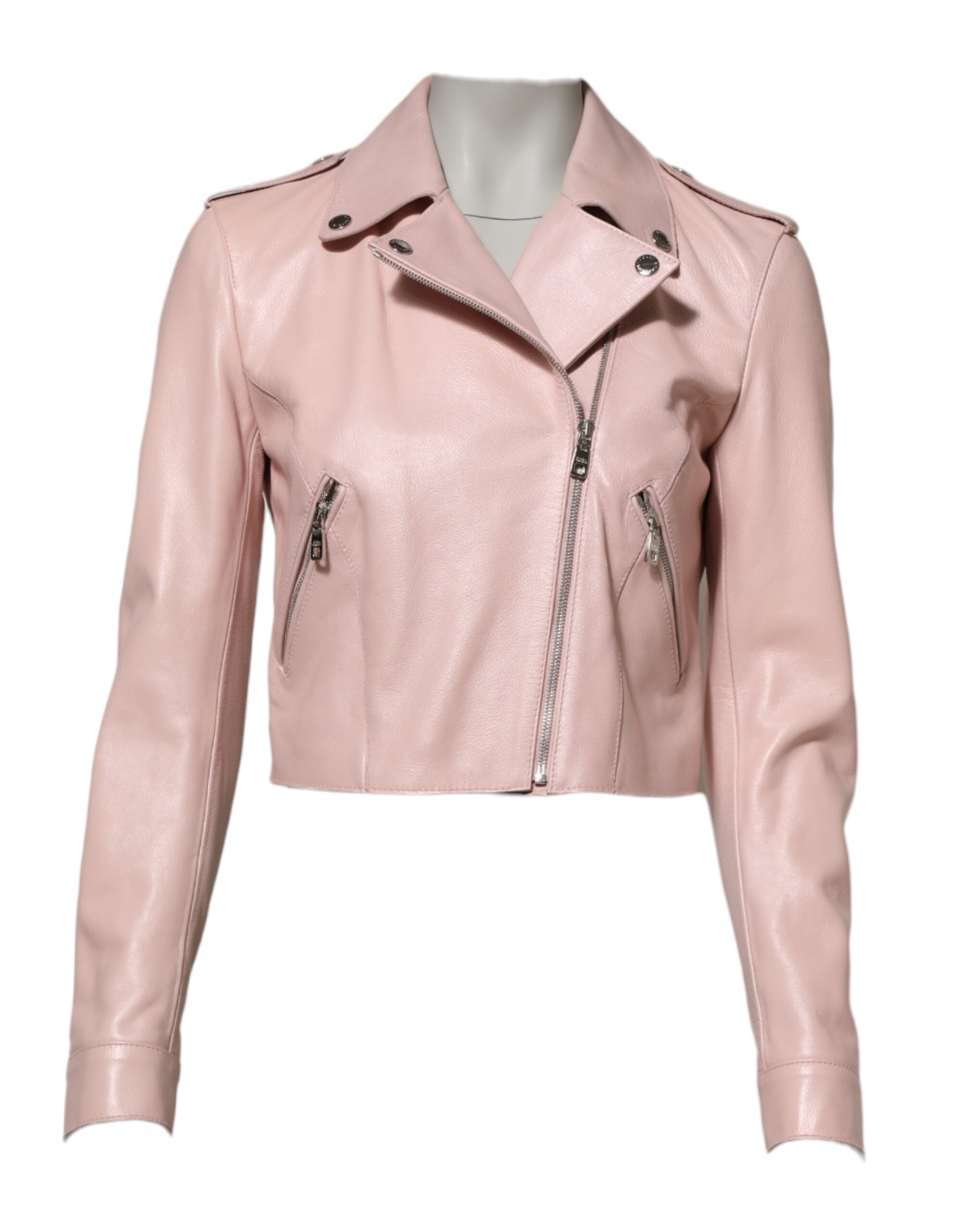 Indulge in the exquisite Dolce & Gabbana Light Pink Collar Leather Women Biker Jacket, a statement of elegance and bold craftsmanship that elevates your style.