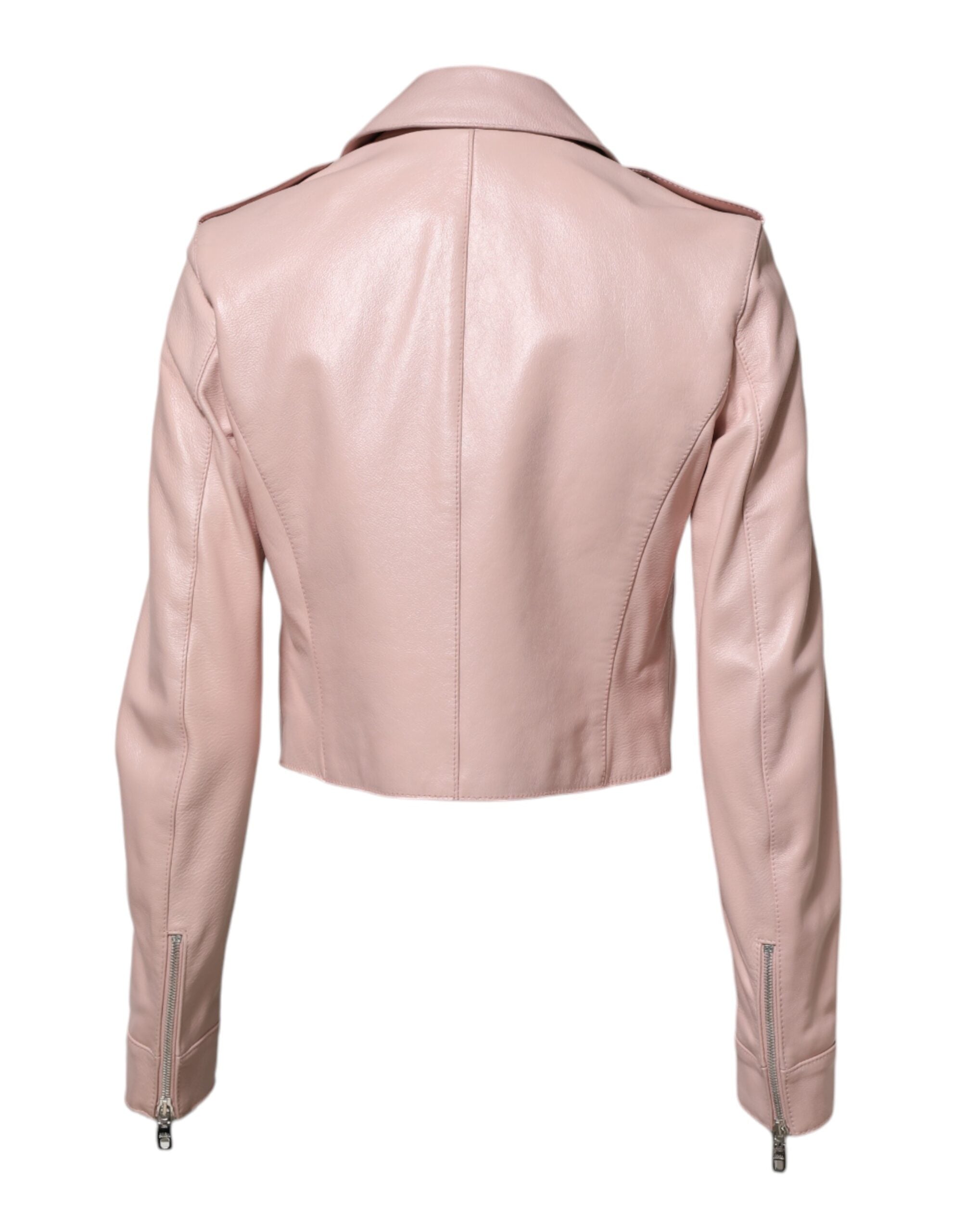Discover the Dolce & Gabbana Light Pink Collar Leather Biker Jacket, a masterpiece of Taurus leather and silk lining, embodying Italian luxury and timeless elegance.