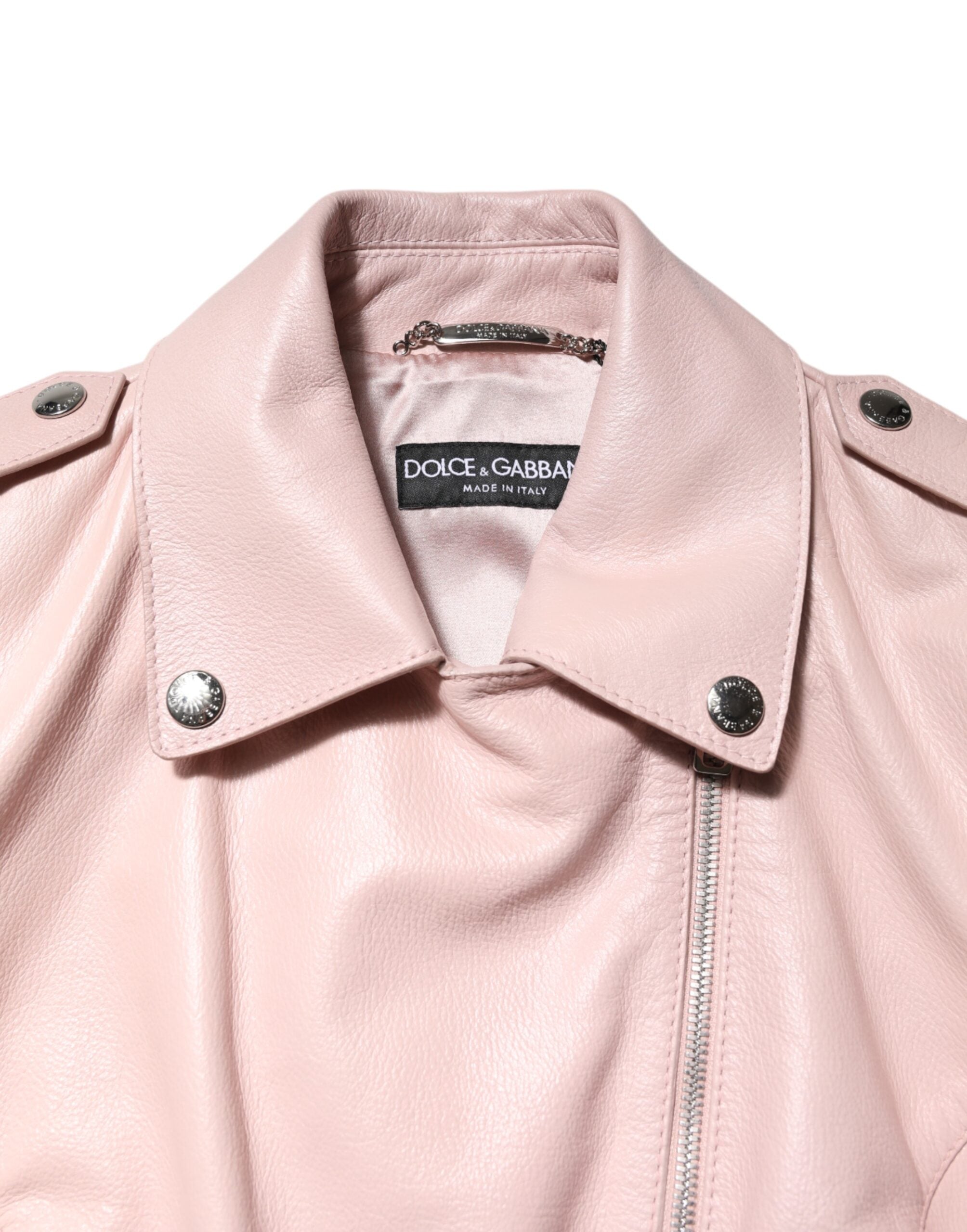 Discover the Dolce & Gabbana Light Pink Collar Leather Biker Jacket, a masterpiece of Taurus leather and silk lining, embodying elegance and individuality for the discerning.