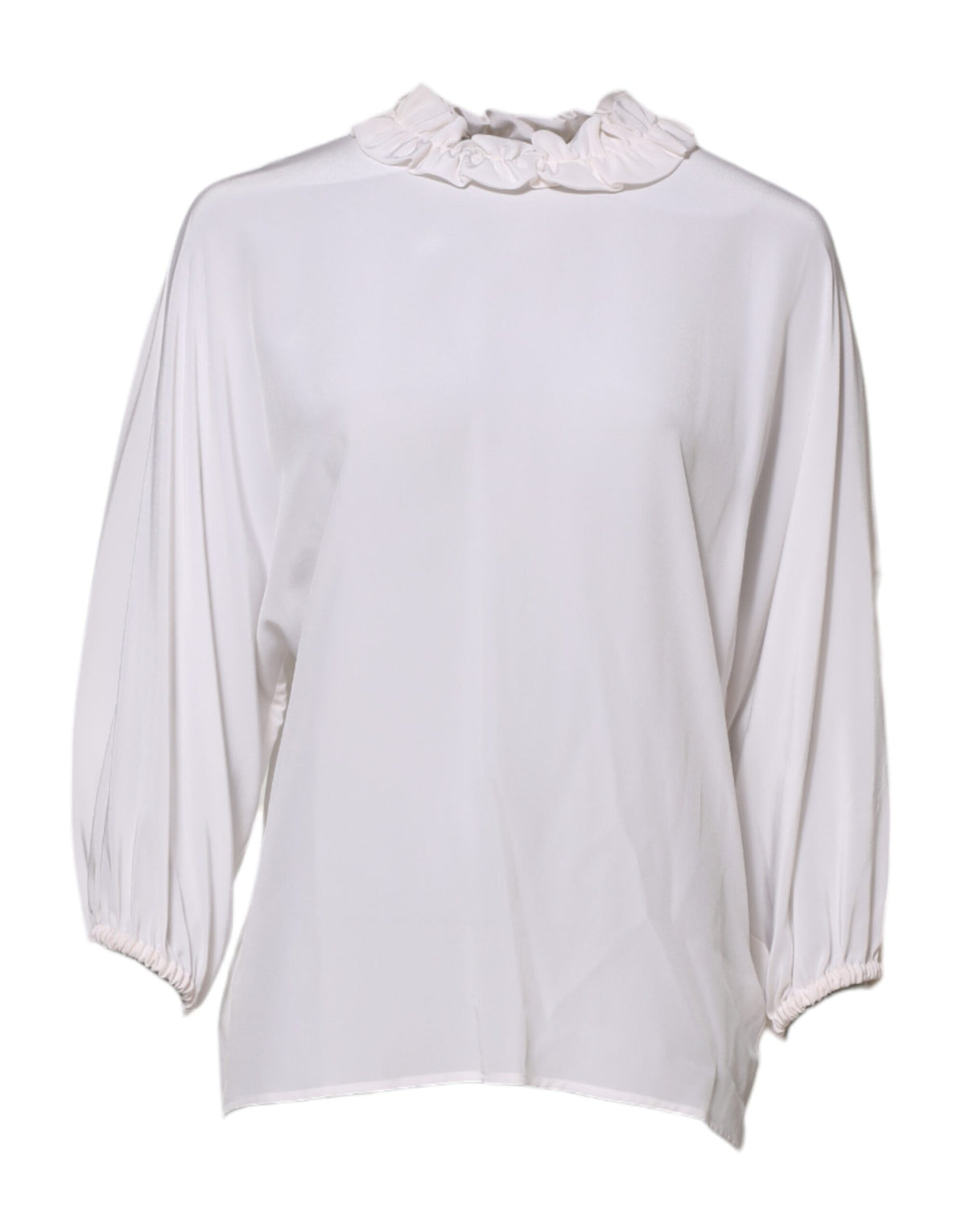 Elevate your wardrobe with the Dolce & Gabbana White Ruffled Neckline Blouse, a silk masterpiece that embodies timeless elegance and exquisite craftsmanship for the discerning individual.