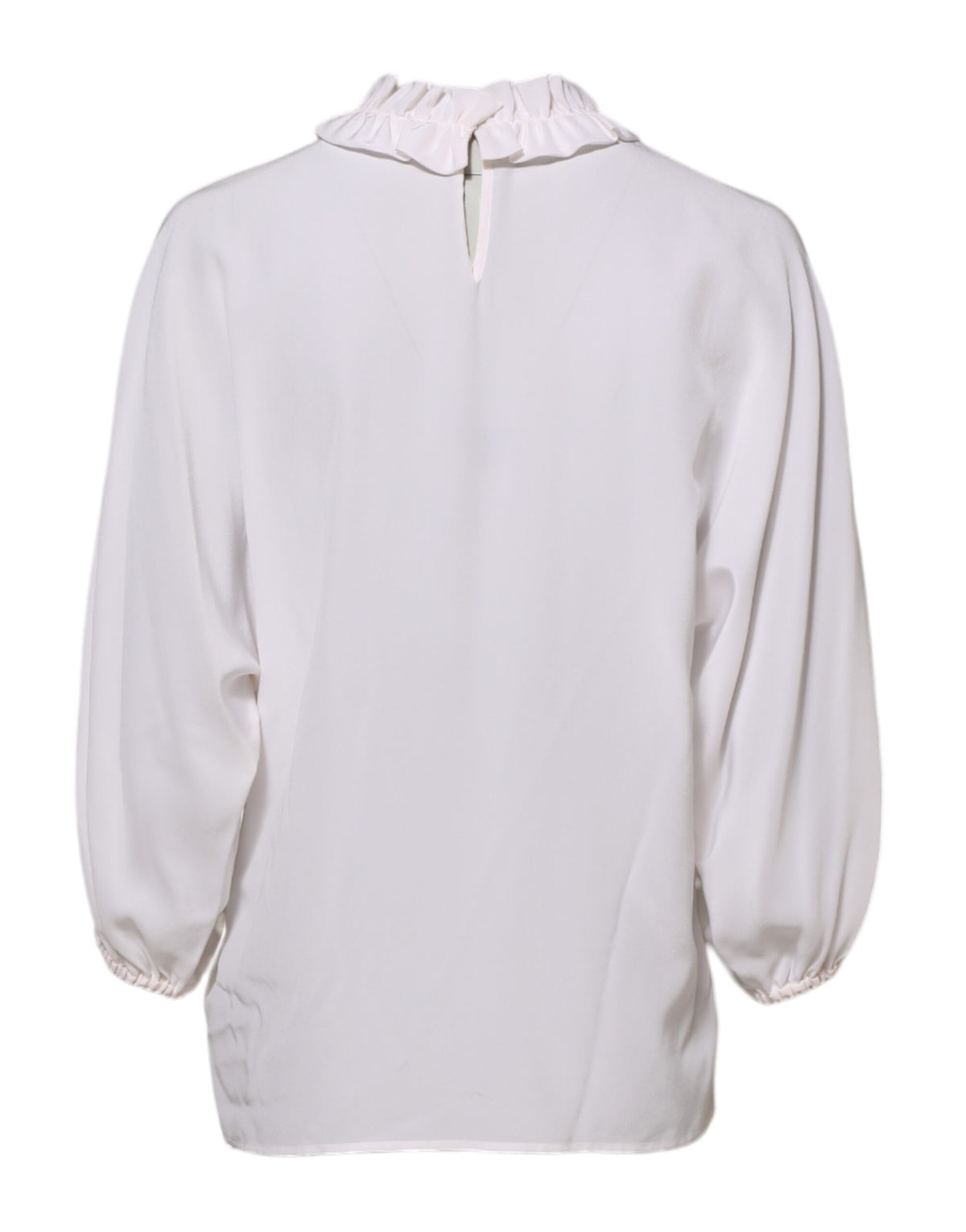 Elevate your wardrobe with the Dolce & Gabbana White Ruffled Neckline Blouse, a silk masterpiece that embodies timeless elegance and exquisite craftsmanship for the discerning individual.