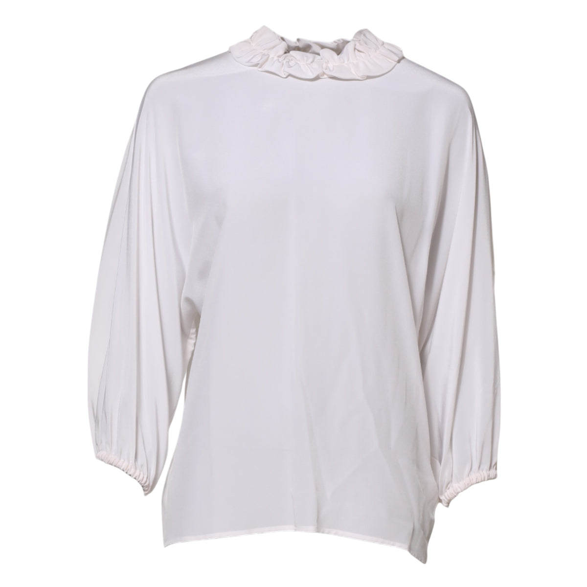 Elevate your elegance with the Dolce & Gabbana White Ruffled Neckline Blouse, crafted from sumptuous silk, embodying timeless luxury and exquisite craftsmanship for the discerning individual.