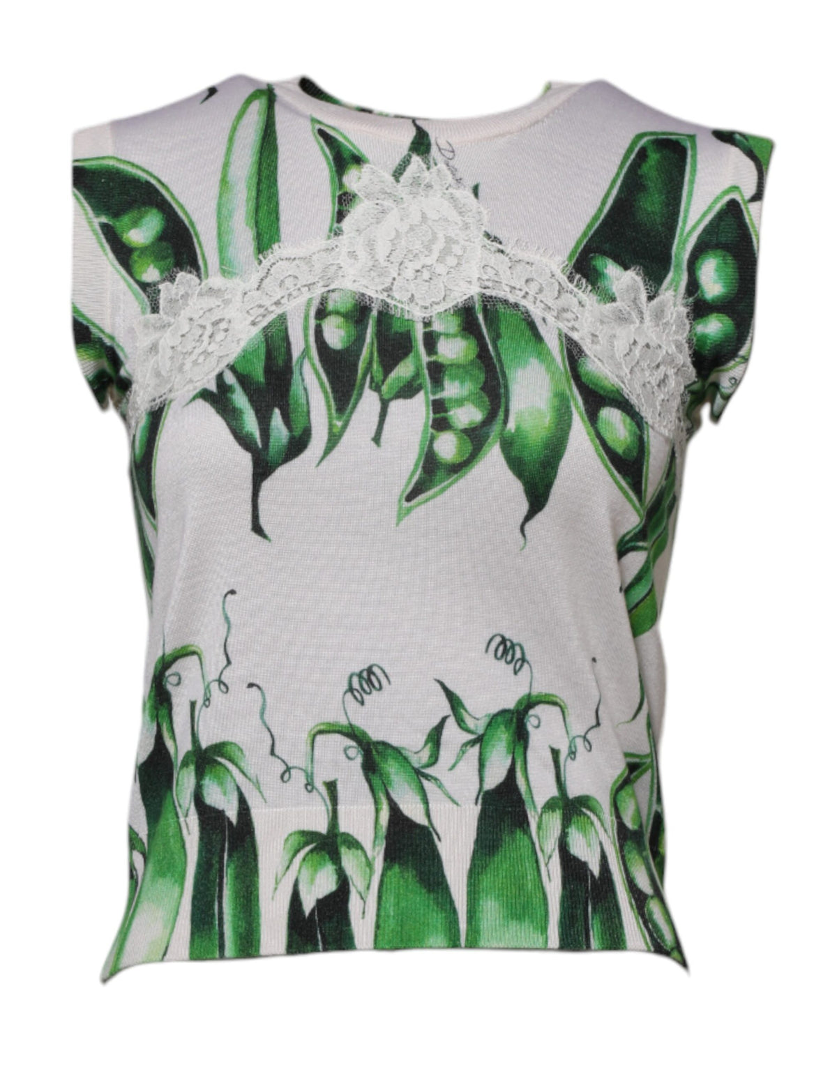 Discover the Dolce & Gabbana White Green Pea Print Sleeveless Blouse, an exquisite blend of silk and viscose, embodying timeless elegance and artisan craftsmanship.