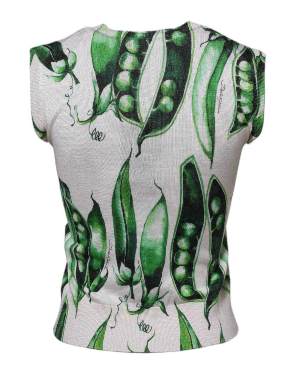 Elevate your wardrobe with the Dolce & Gabbana White Green Pea Print Sleeveless Blouse, a luxurious blend of silk and viscose, embodying exquisite Italian craftsmanship and timeless elegance.