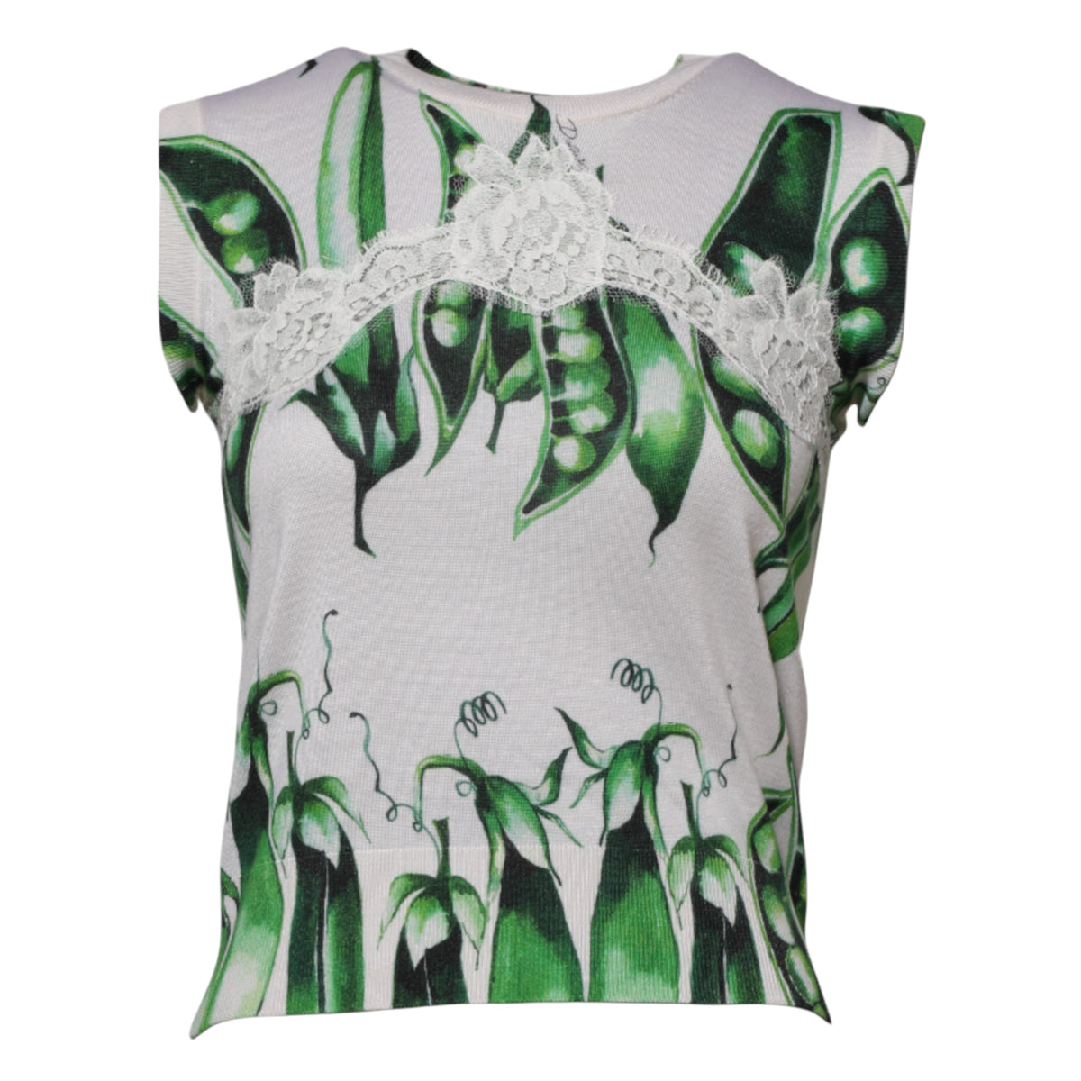 Elevate your elegance with the Dolce & Gabbana White Green Pea Print Sleeveless Blouse, a luxurious blend of silk and viscose, crafted in Italy for timeless sophistication.