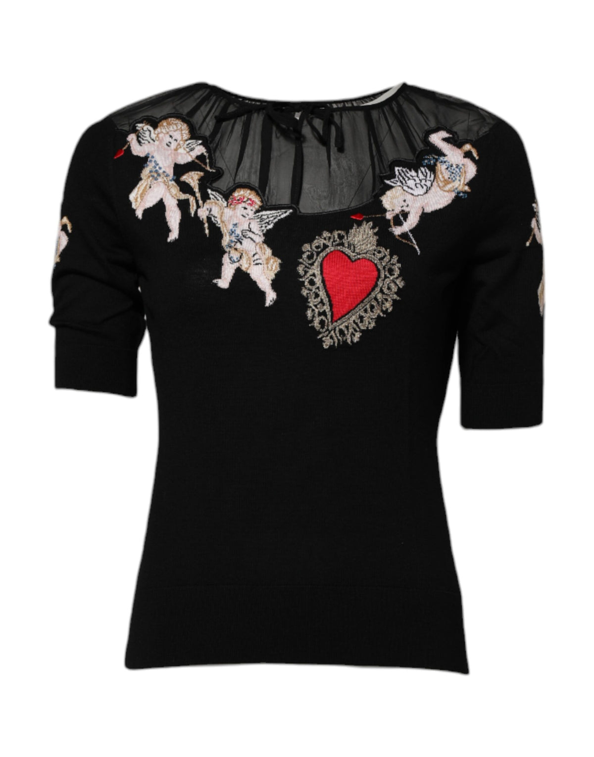 Experience the allure of Dolce & Gabbana's Black Sacred Heart Embroidered Crewneck Top, a masterpiece of virgin wool and silk that embodies timeless elegance and exquisite craftsmanship.
