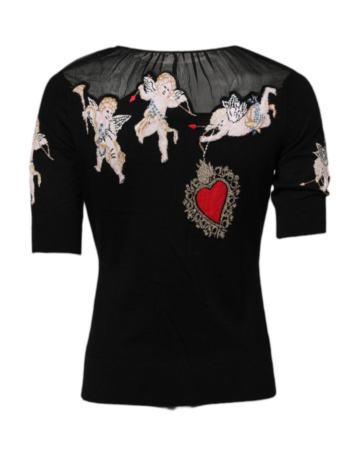 Indulge in the Dolce & Gabbana Black Sacred Heart Embroidered Crewneck Top, a masterpiece of virgin wool and silk, embodying timeless elegance and exquisite craftsmanship.