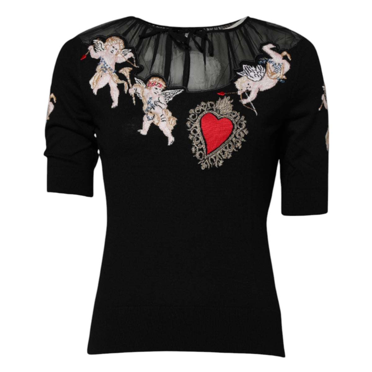Indulge in the Dolce & Gabbana Black Sacred Heart Embroidered Crewneck Top, a masterpiece of 80% Virgin Wool and 20% Silk, embodying timeless elegance and exquisite craftsmanship.