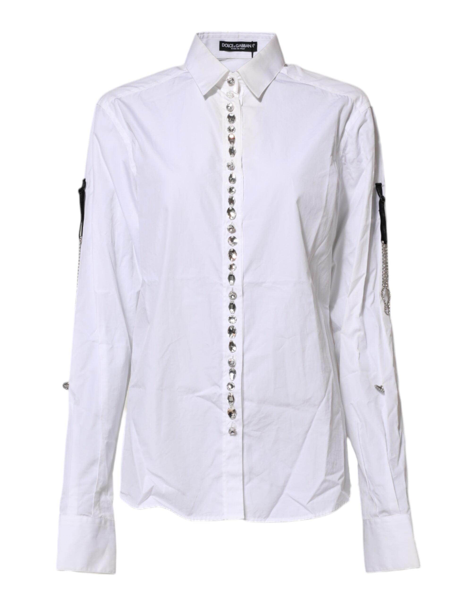 Elevate your wardrobe with the Dolce & Gabbana White Crystal Embellished Collared Shirt Top, a masterpiece of Italian craftsmanship, embodying timeless elegance and luxurious allure.