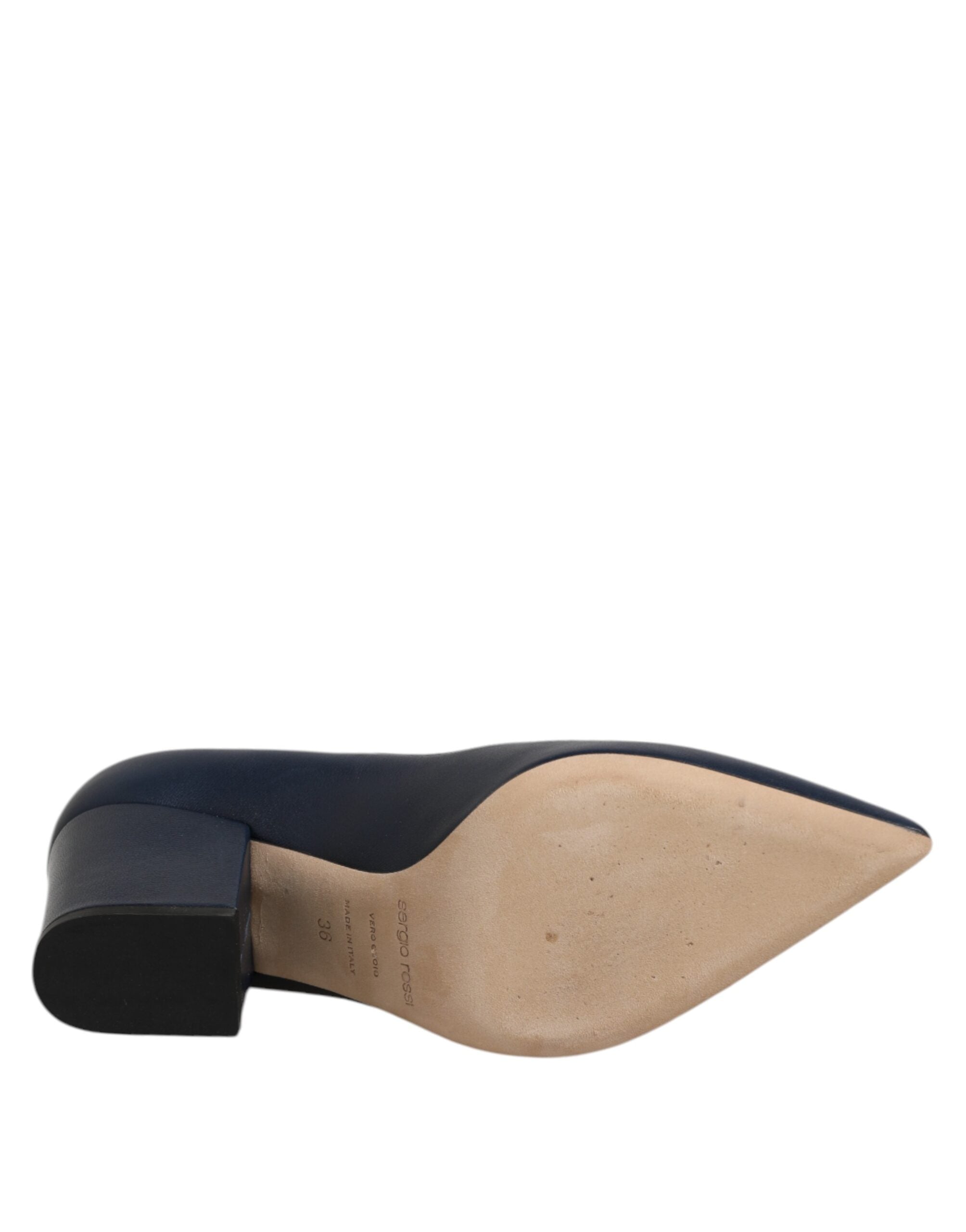 Sergio Rossi Blue Leather Pointed Toe Block Heels Shoes