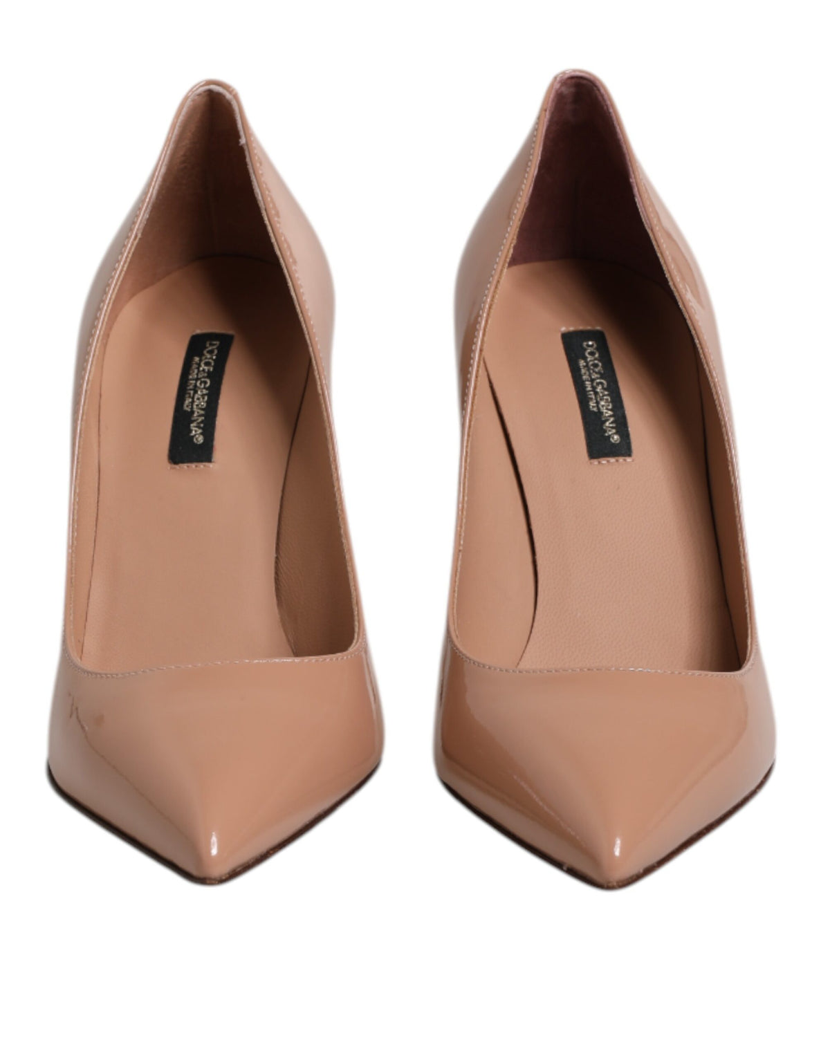 Elevate your elegance with Dolce & Gabbana's Beige Patent Leather Stiletto Heel Pumps, where Italian craftsmanship meets luxurious allure, perfect for any sophisticated wardrobe.