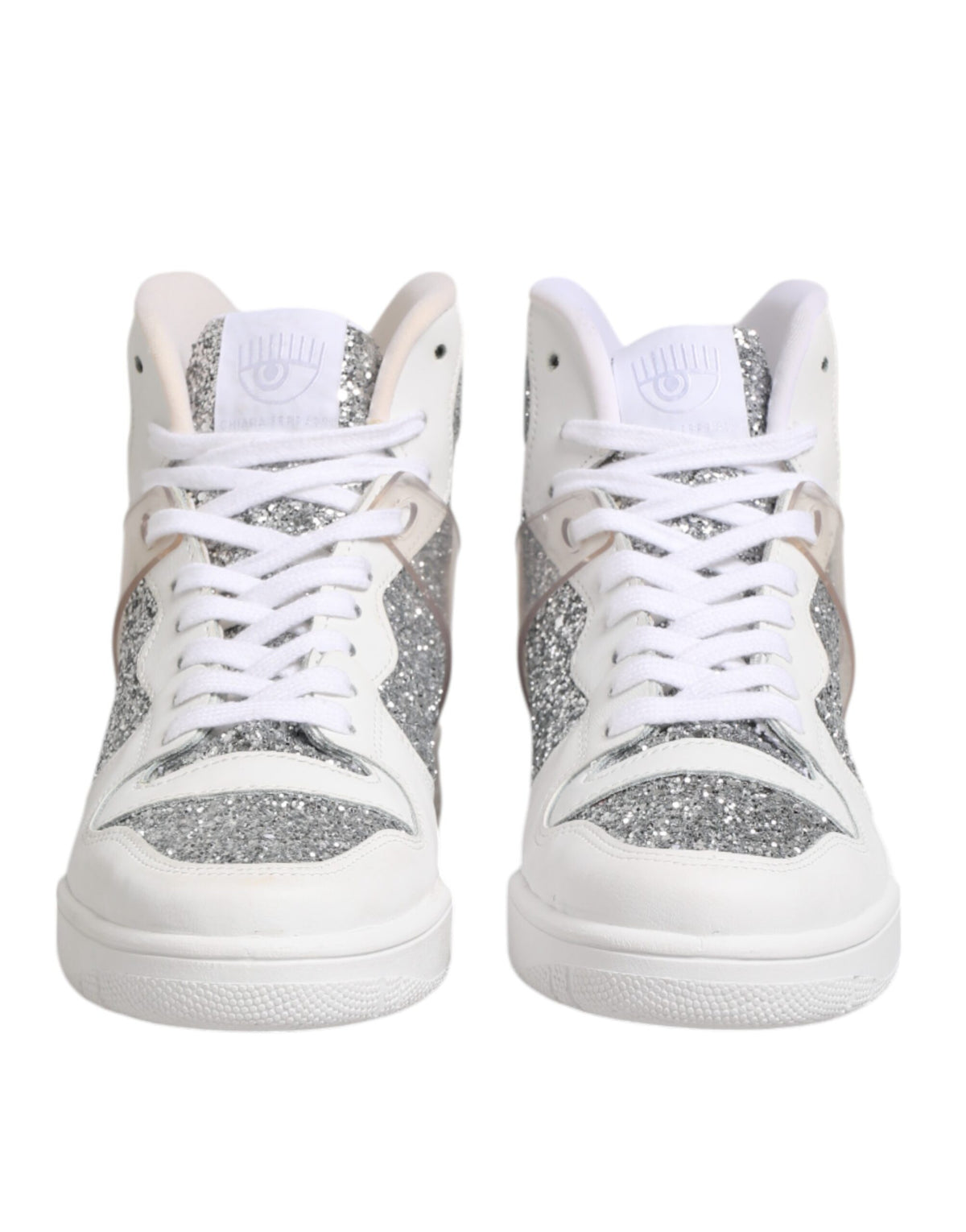 Step into the world of Chiara Ferragni with these White Silver High Top Sneakers, crafted from authentic leather, embodying elegance and artisanal luxury for the discerning individual.
