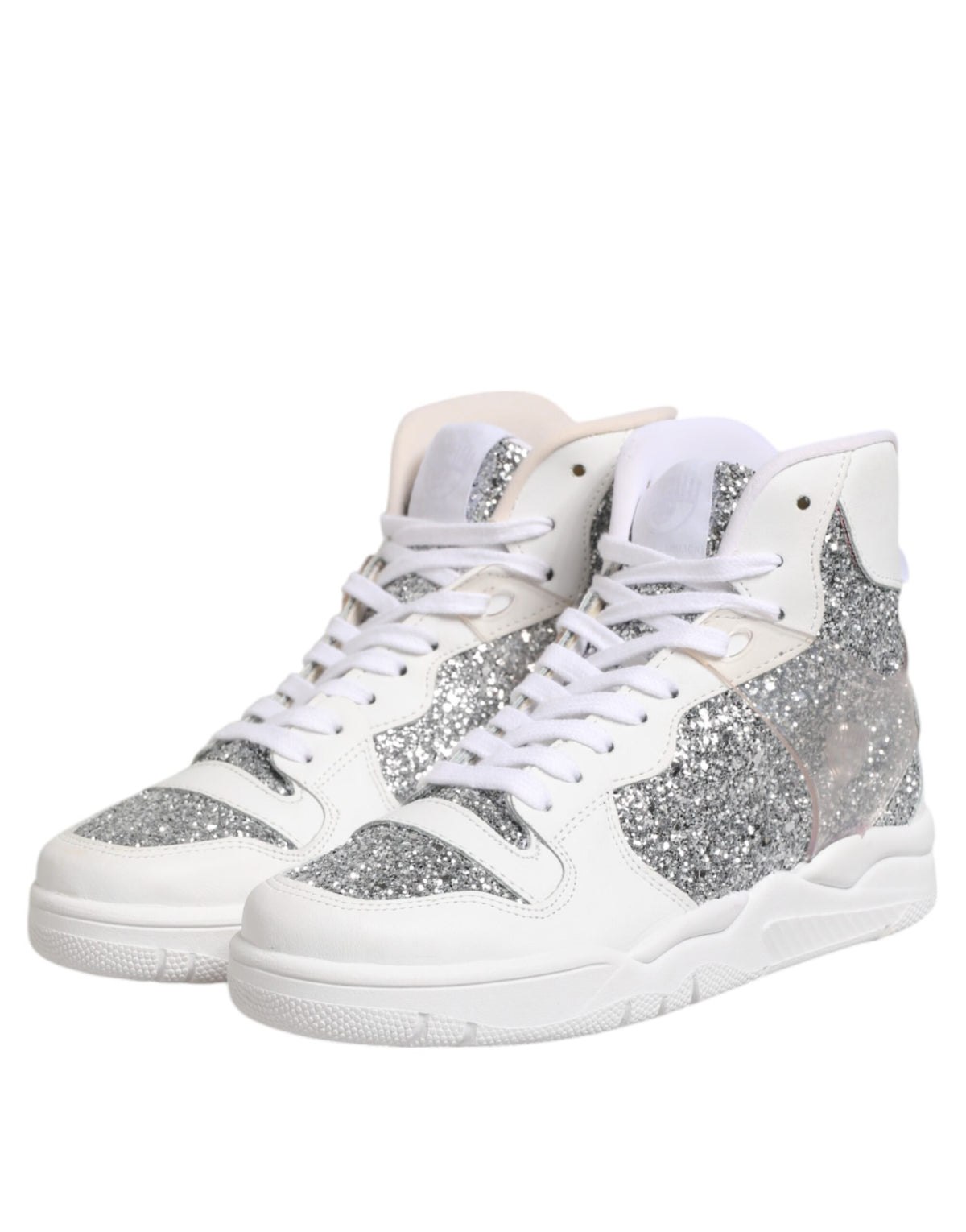 Step into a world of elegance with Chiara Ferragni's White Silver High Top Sneakers, crafted from authentic leather, embodying luxury and sophistication for the discerning individual.