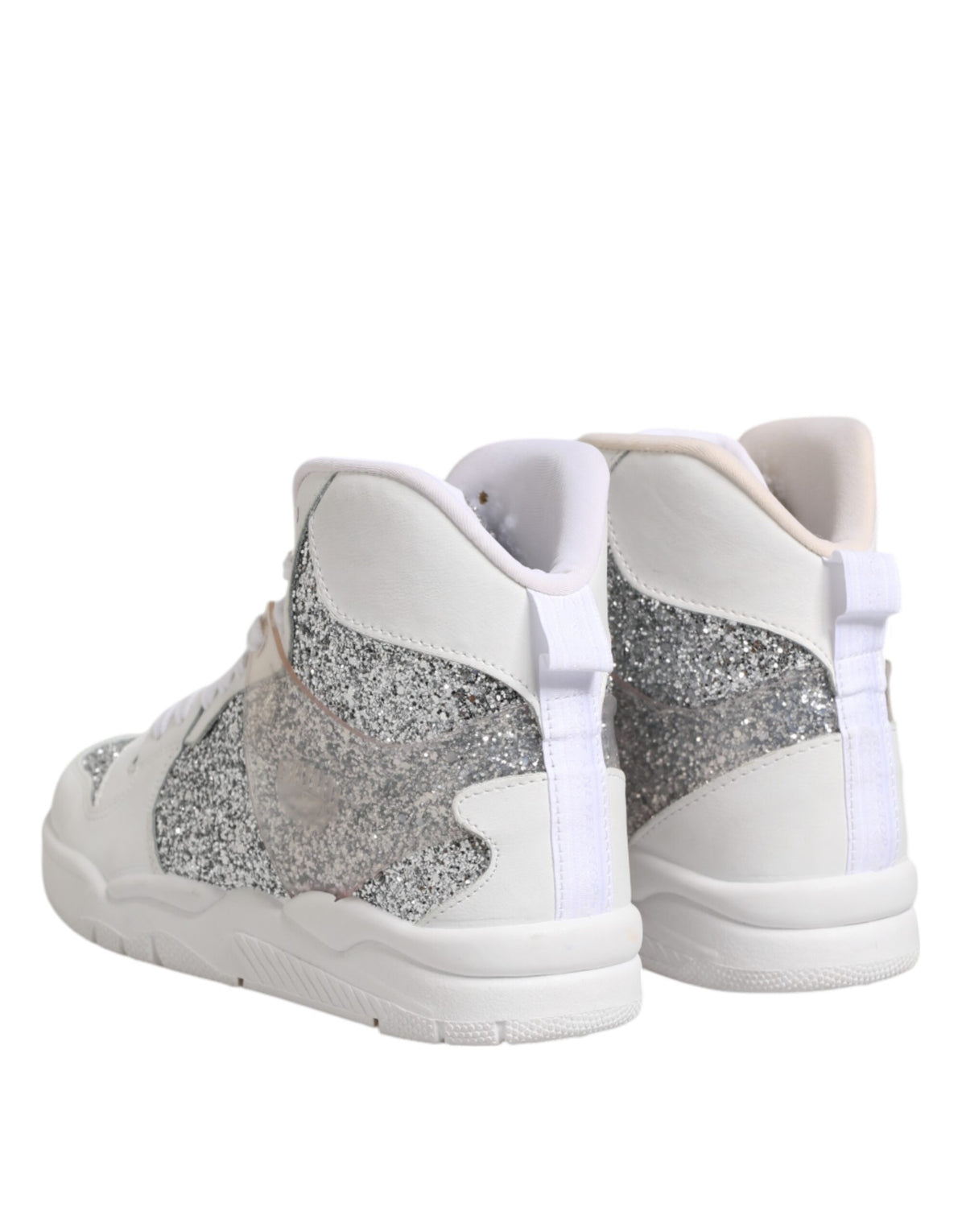 Step into elegance with Chiara Ferragni's White Silver High Top Sneakers, crafted from authentic leather, embodying luxury and sophistication for the discerning individual.