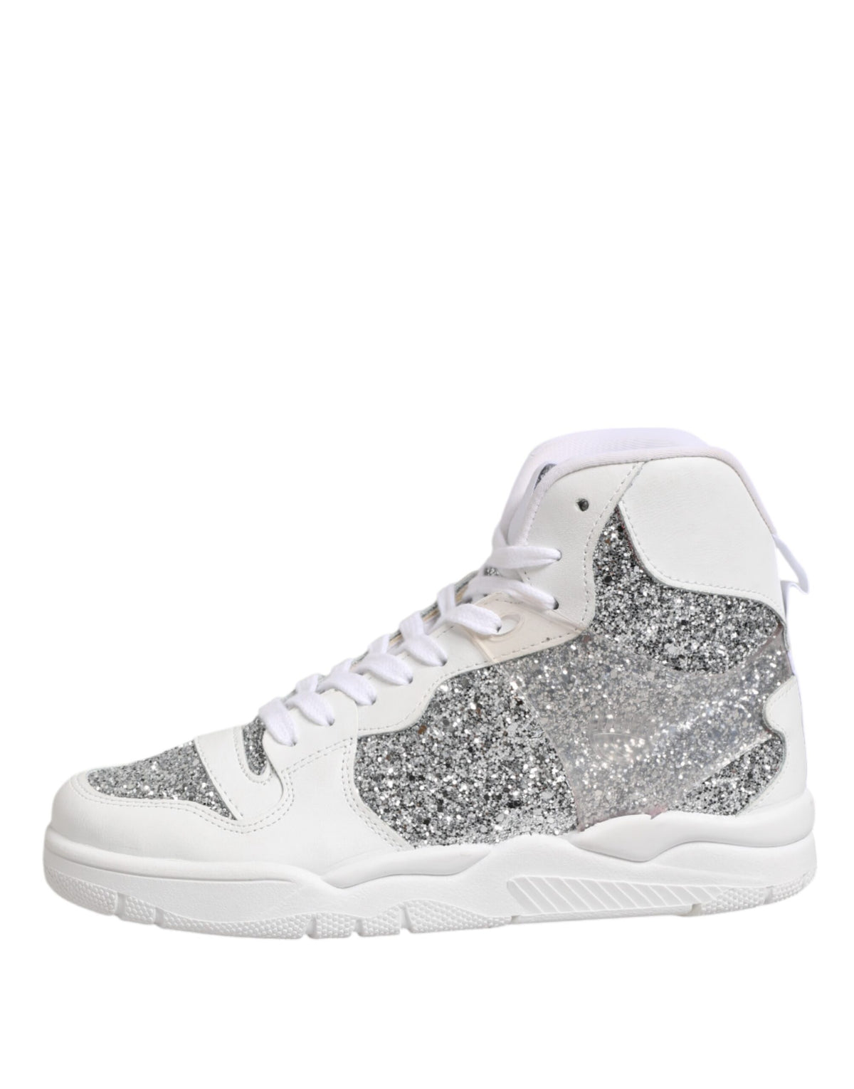 Step into a world of elegance with Chiara Ferragni's White Silver High Top Sneakers, crafted from authentic leather, embodying sophistication and playful luxury.