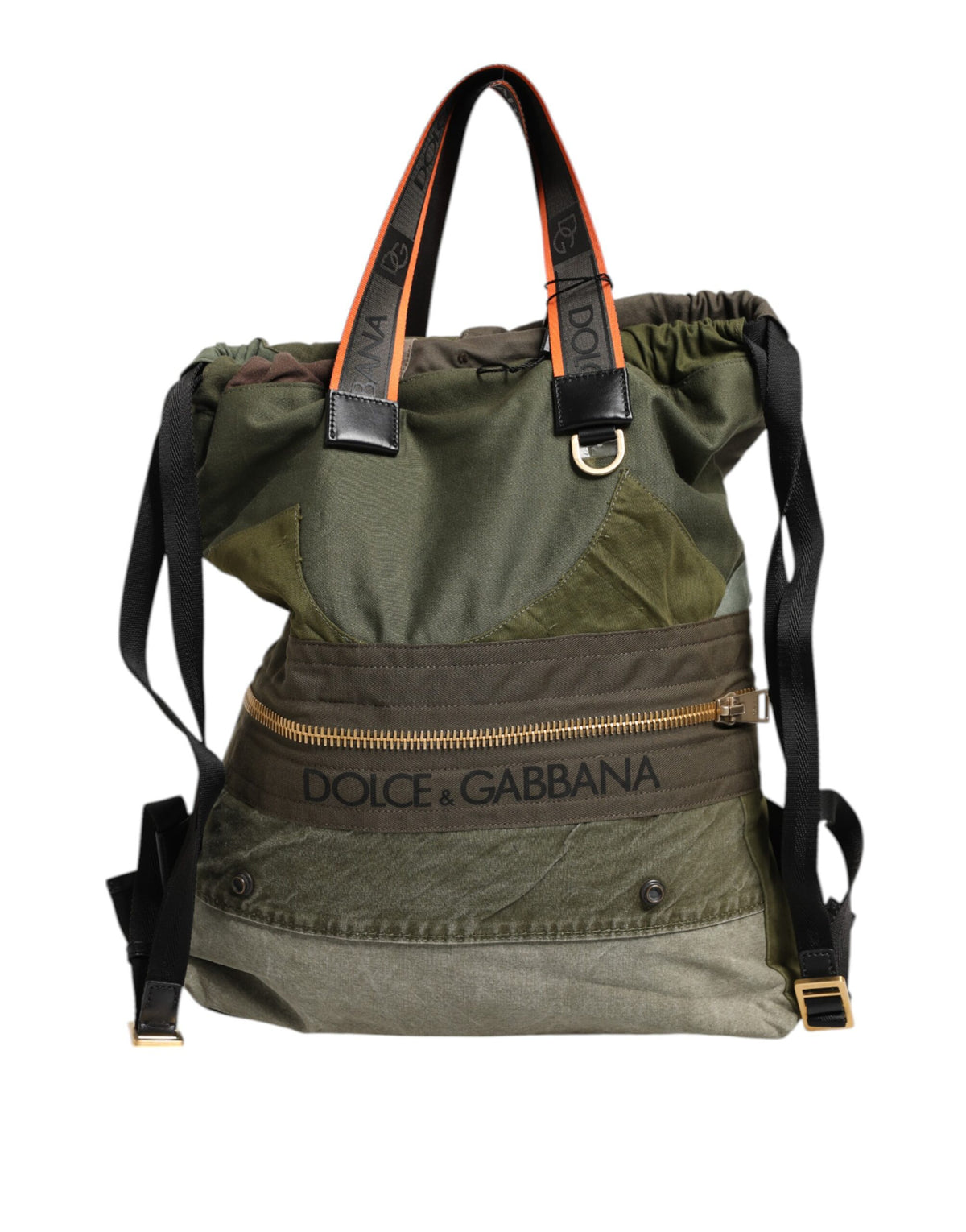 Indulge in the exquisite Dolce & Gabbana Military Green Patchwork Rucksack, a harmonious blend of luxury craftsmanship and haute couture design, perfect for the discerning individual.