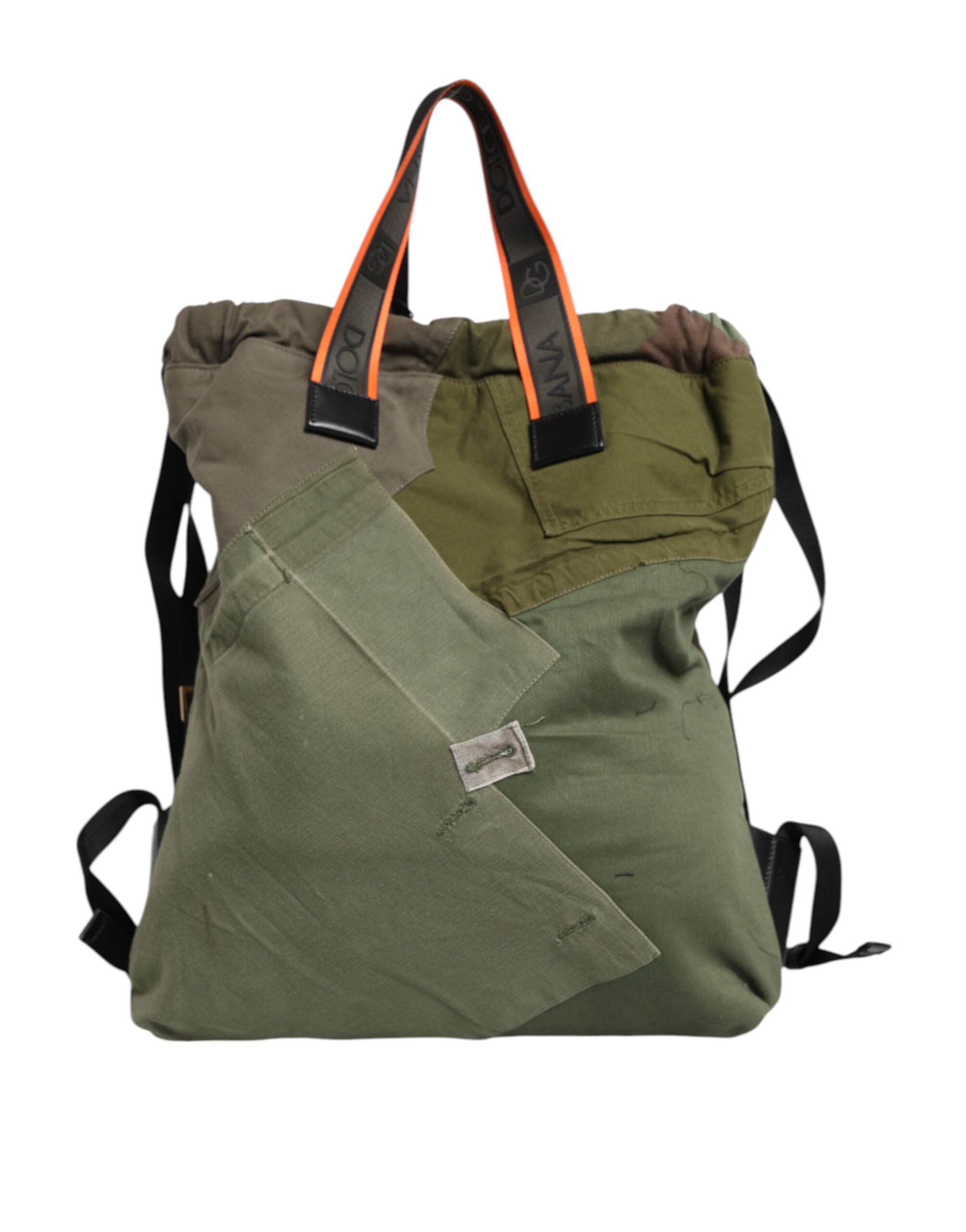Indulge in the exquisite Dolce & Gabbana Military Green Patchwork Rucksack, a luxurious blend of cotton, nylon, and calfskin, embodying timeless elegance and artisanal craftsmanship.