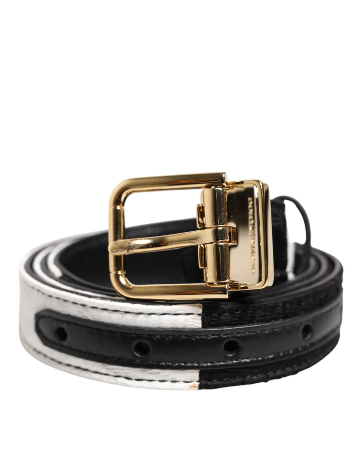 Elevate your style with the Dolce & Gabbana Black White Patchwork Gold Metal Buckle Belt, a luxurious statement piece crafted from premium leather, embodying Italian artistry and timeless elegance.