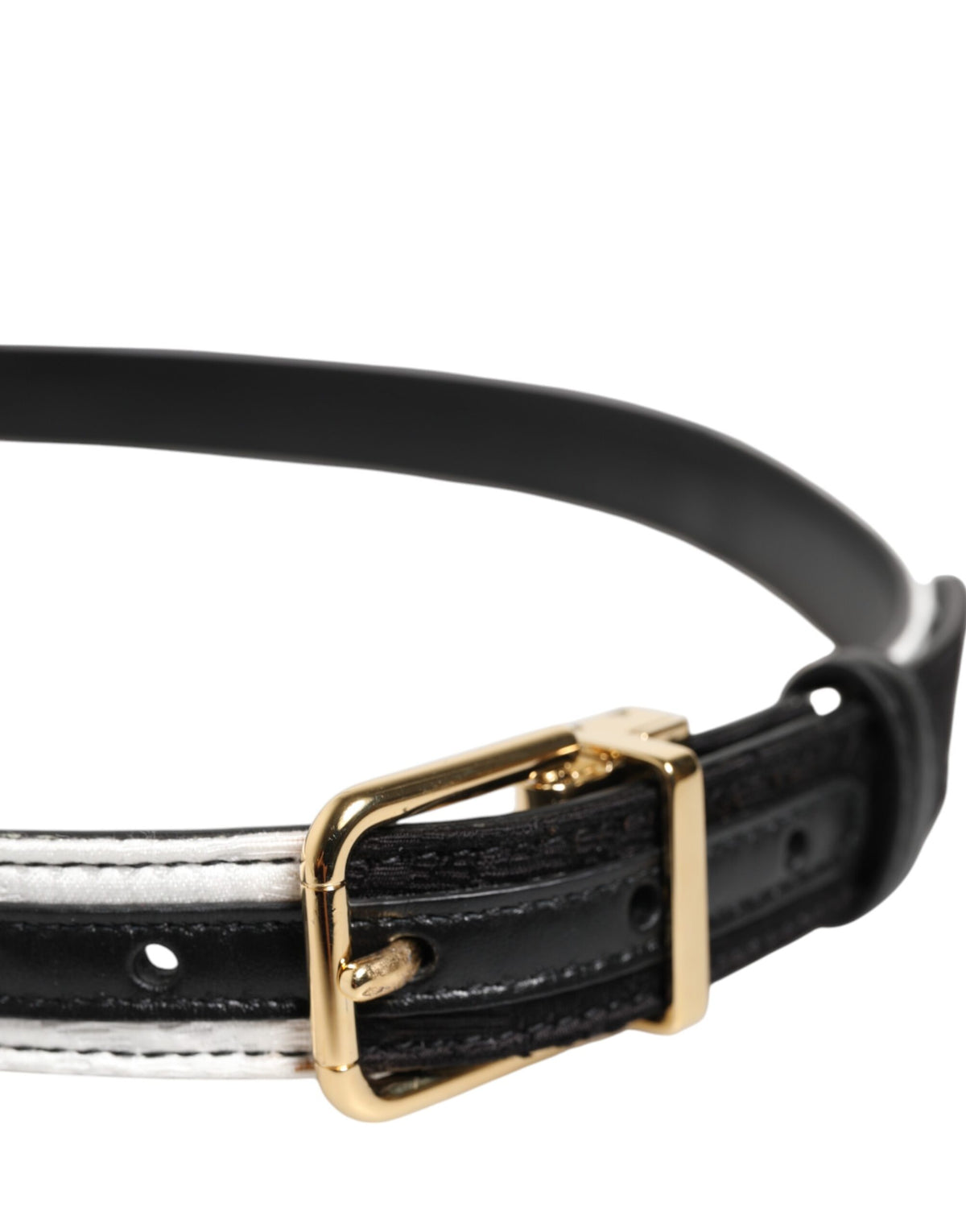 Indulge in the exquisite Dolce & Gabbana Black White Patchwork Gold Metal Buckle Belt, a luxurious statement piece crafted in Italy, perfect for elevating any ensemble.