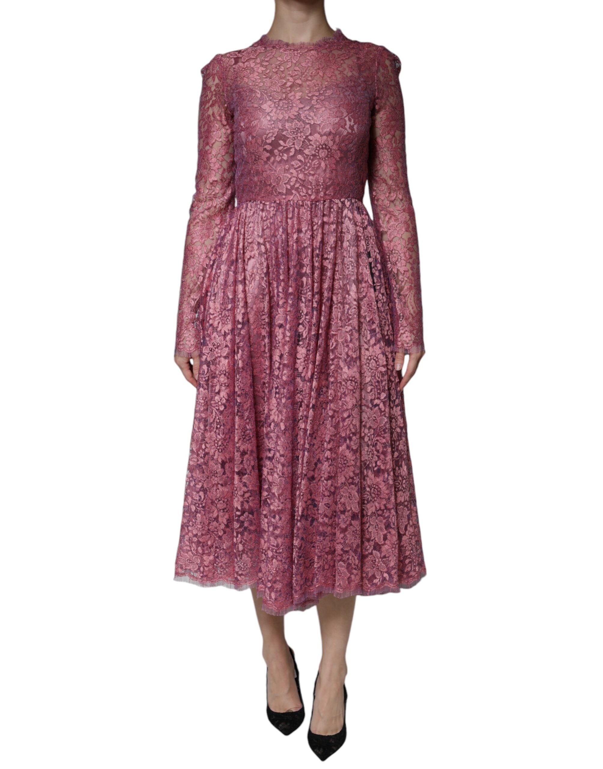 Discover the exquisite Dolce & Gabbana Pink Floral Lace Long Sleeve Midi Dress, a timeless piece of haute couture that embodies romantic elegance and sophisticated allure.