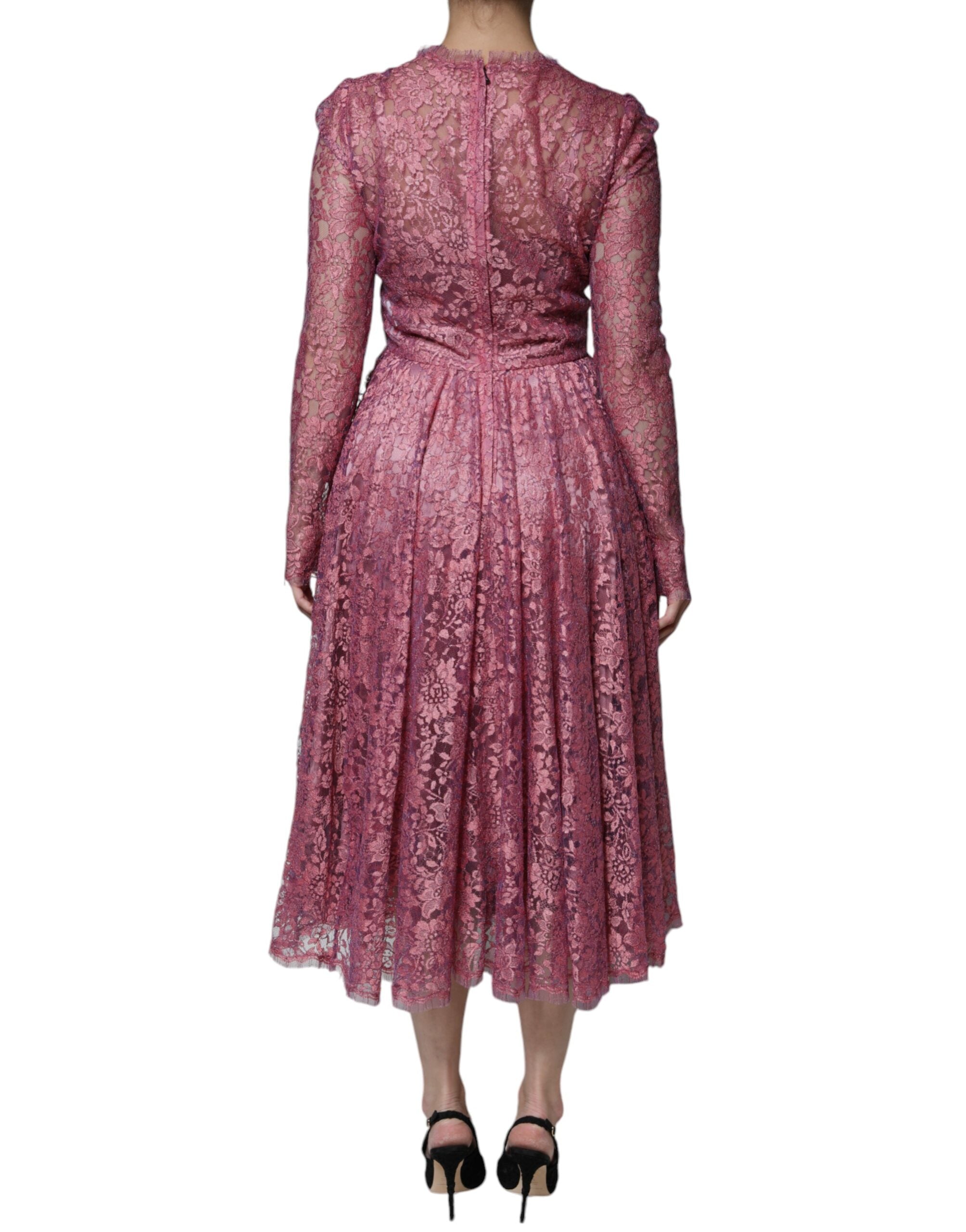 Experience the allure of the Dolce & Gabbana Pink Floral Lace Long Sleeve Midi Dress, a masterpiece of haute couture craftsmanship that embodies timeless elegance and sophistication.