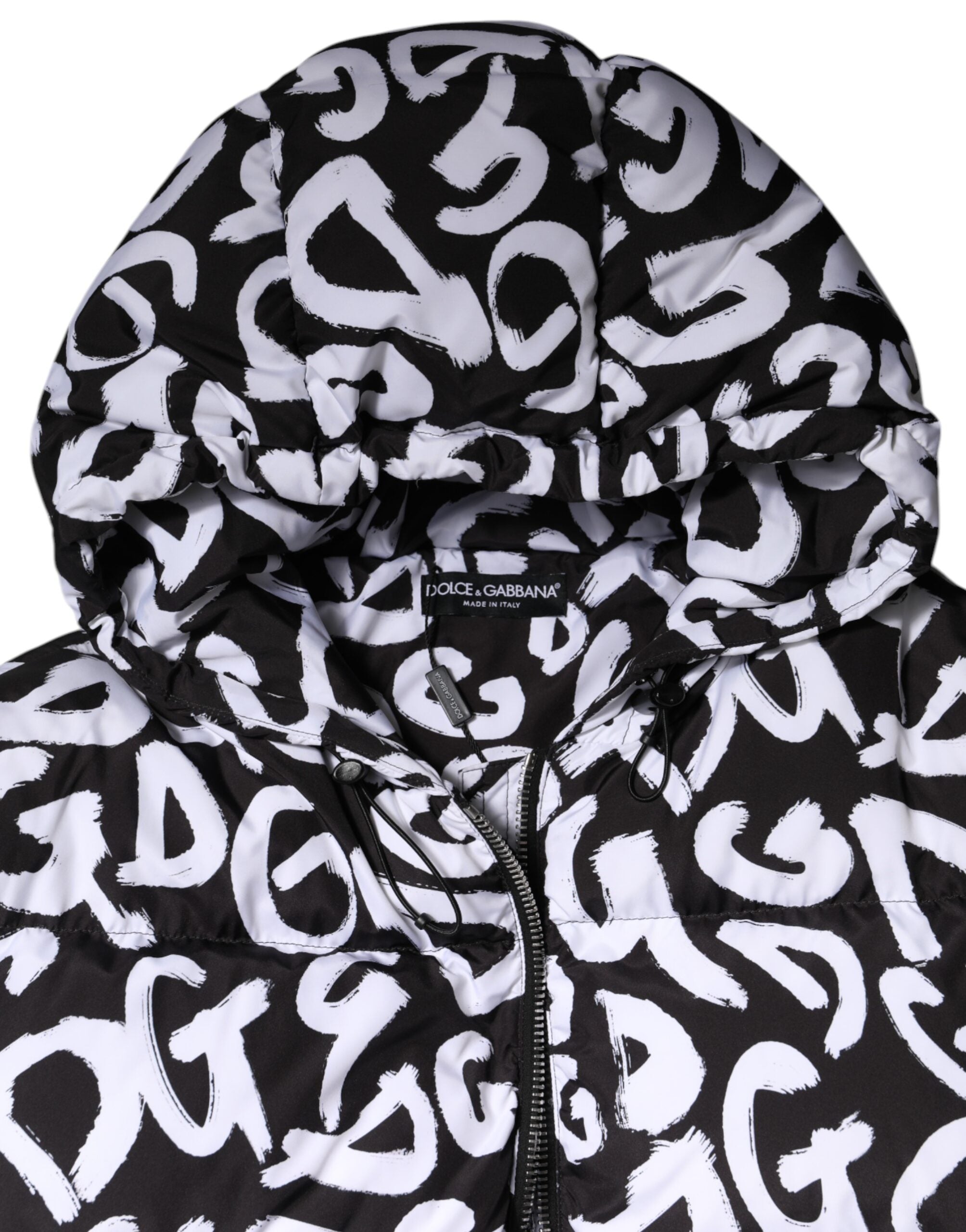 Discover the Dolce & Gabbana Black White DG Mania Hooded Long Coat, a masterpiece of Italian craftsmanship in luxurious polyester, perfect for the discerning individual.