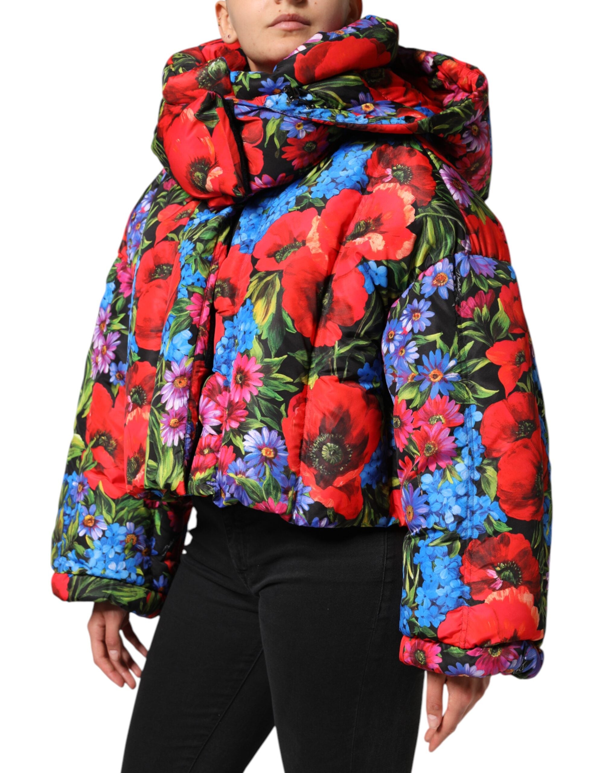 Dolce & Gabbana Multicolor Floral Hooded Puffer Coat Jacket