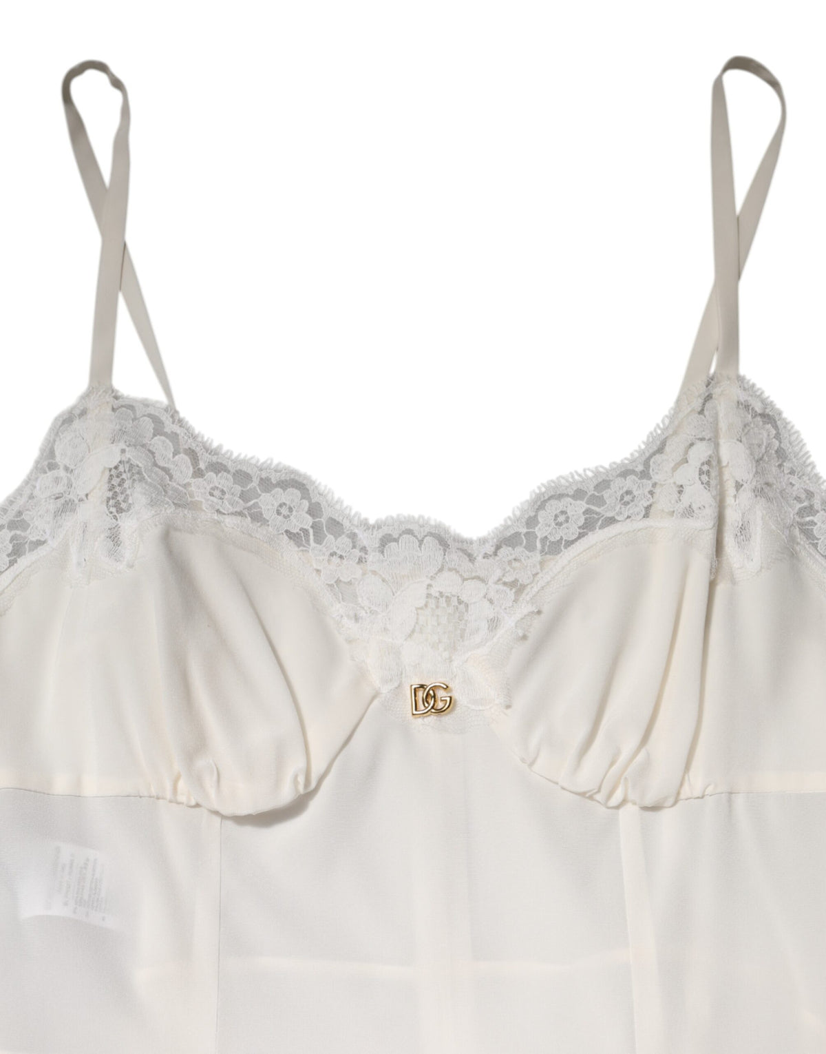 Indulge in the exquisite Dolce & Gabbana White Lace Gold DG Logo Silk Dress Sleepwear, a luxurious blend of silk and lace, handcrafted in Italy for timeless elegance.