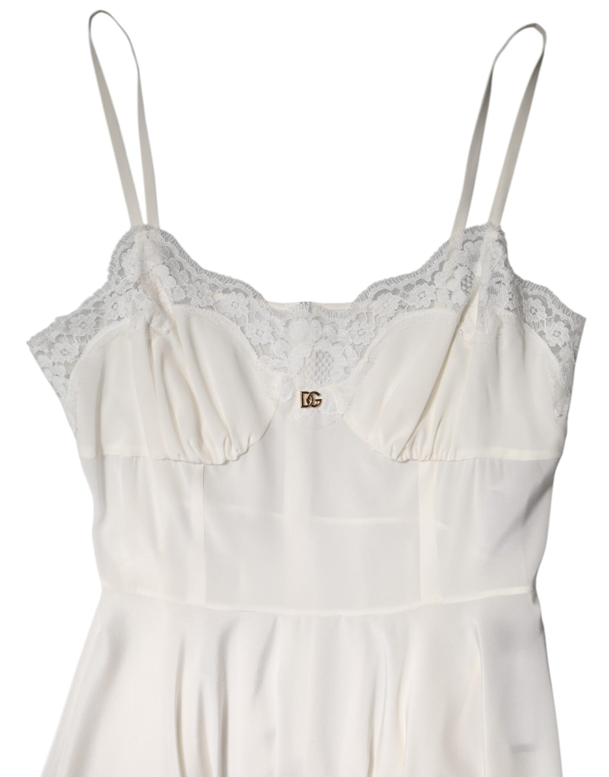 Indulge in the allure of Dolce & Gabbana's White Lace Gold DG Logo Silk Dress Sleepwear, where exquisite silk and delicate lace redefine luxury for the discerning individual.