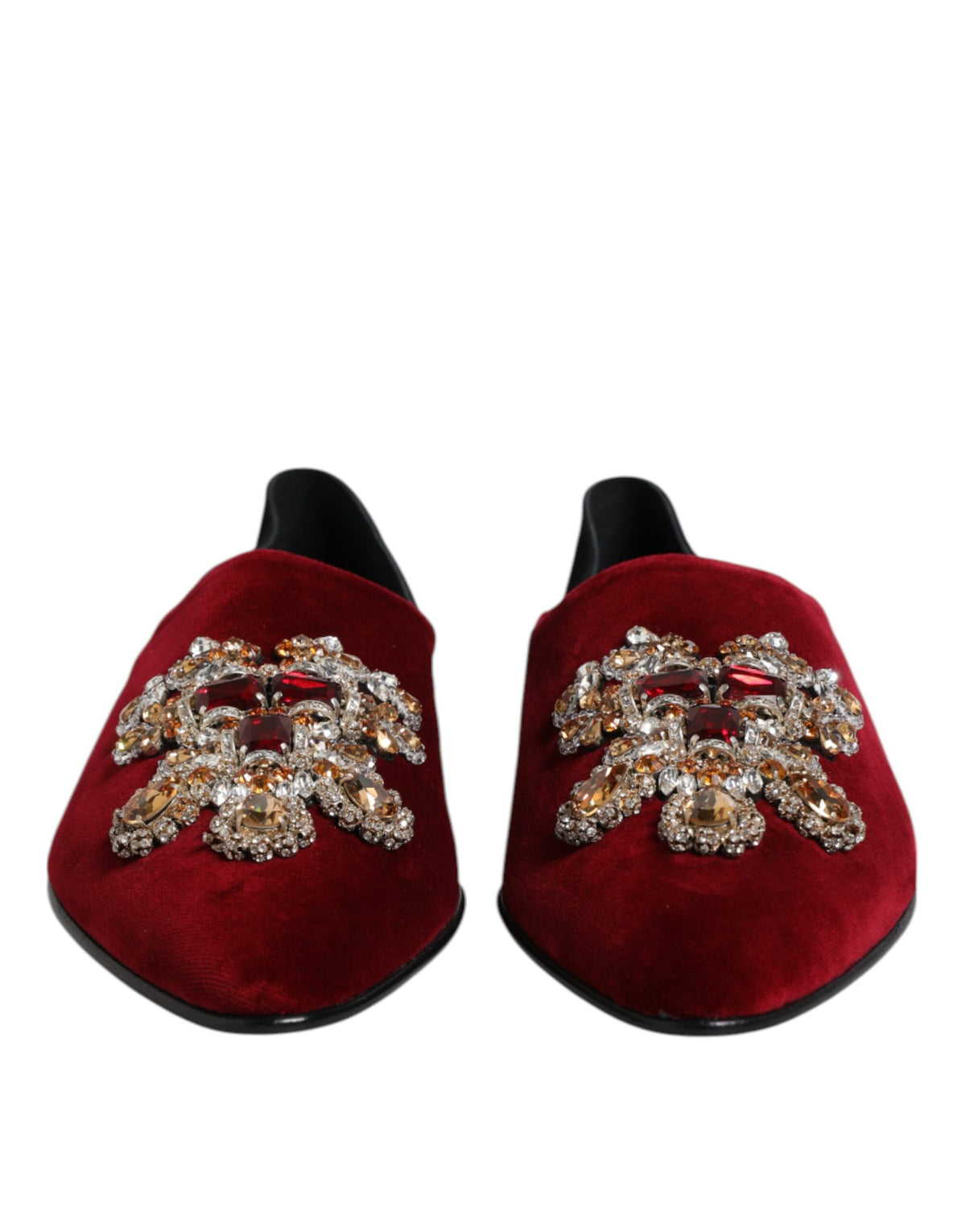 Indulge in the exquisite Dolce & Gabbana Black Red Velvet Embellished Slip On Shoes, where luxurious craftsmanship meets timeless elegance for the discerning individual.