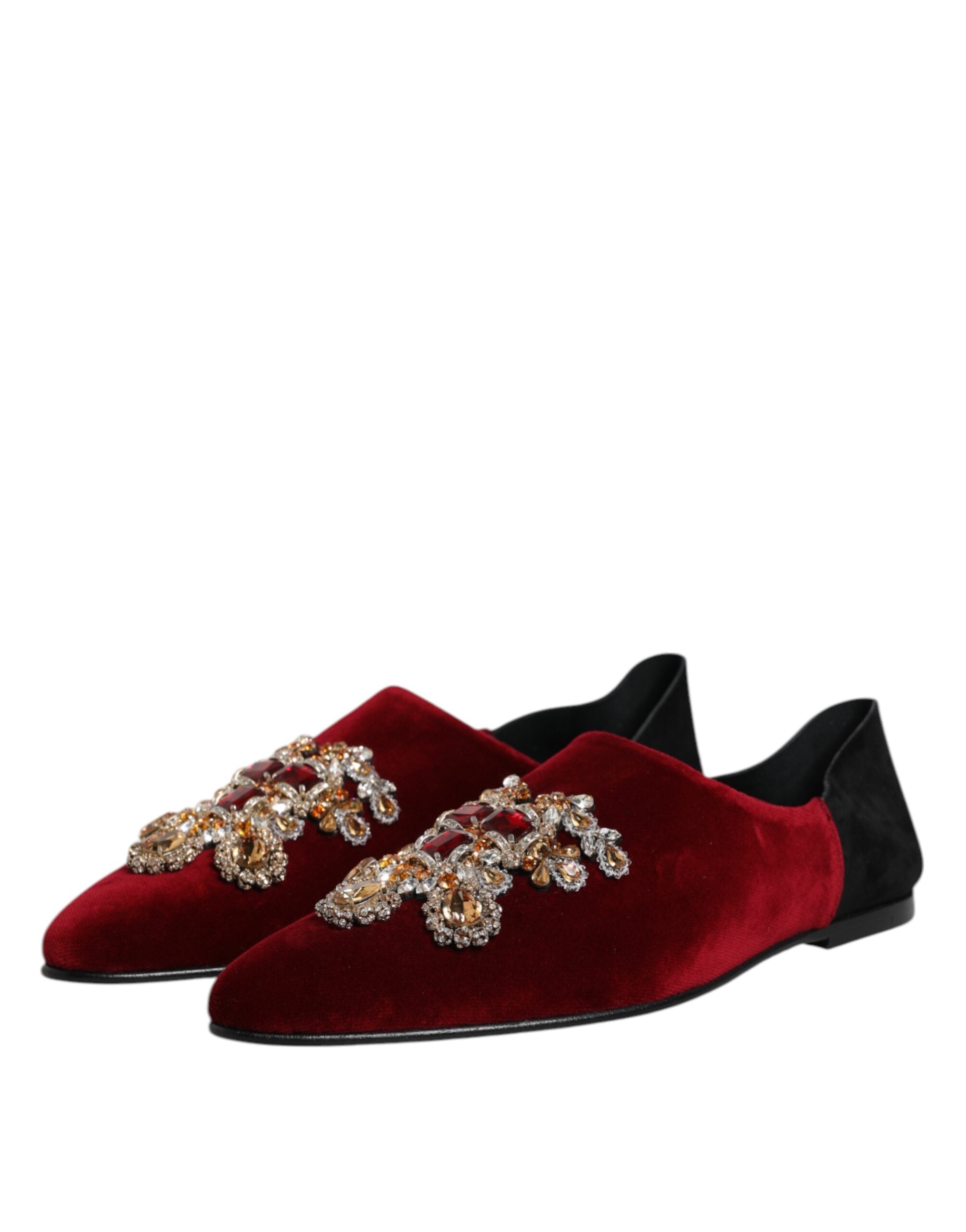 Indulge in the exquisite Dolce & Gabbana Black Red Velvet Embellished Slip On Shoes, where opulent craftsmanship meets timeless elegance for the discerning individual.