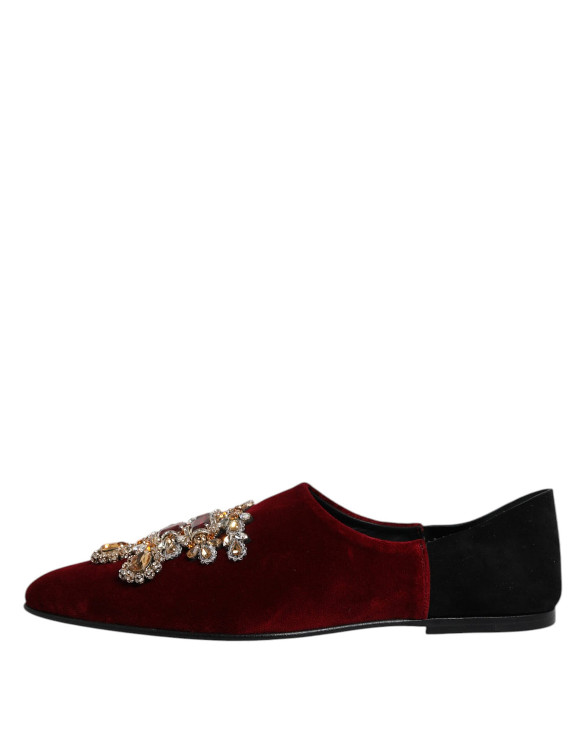 Indulge in the exquisite craftsmanship of Dolce & Gabbana's Black Red Velvet Embellished Slip On Shoes, a luxurious blend of cotton and capra leather that redefines elegance.