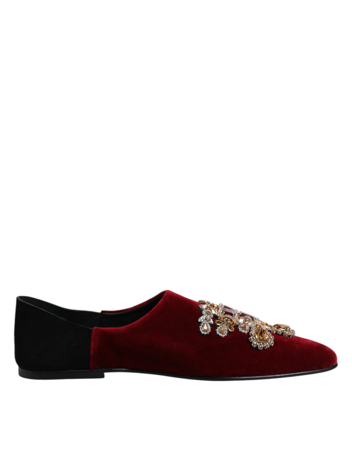 Indulge in the exquisite Dolce & Gabbana Black Red Velvet Embellished Slip On Shoes, where luxurious materials and timeless craftsmanship redefine elegance for the discerning individual.