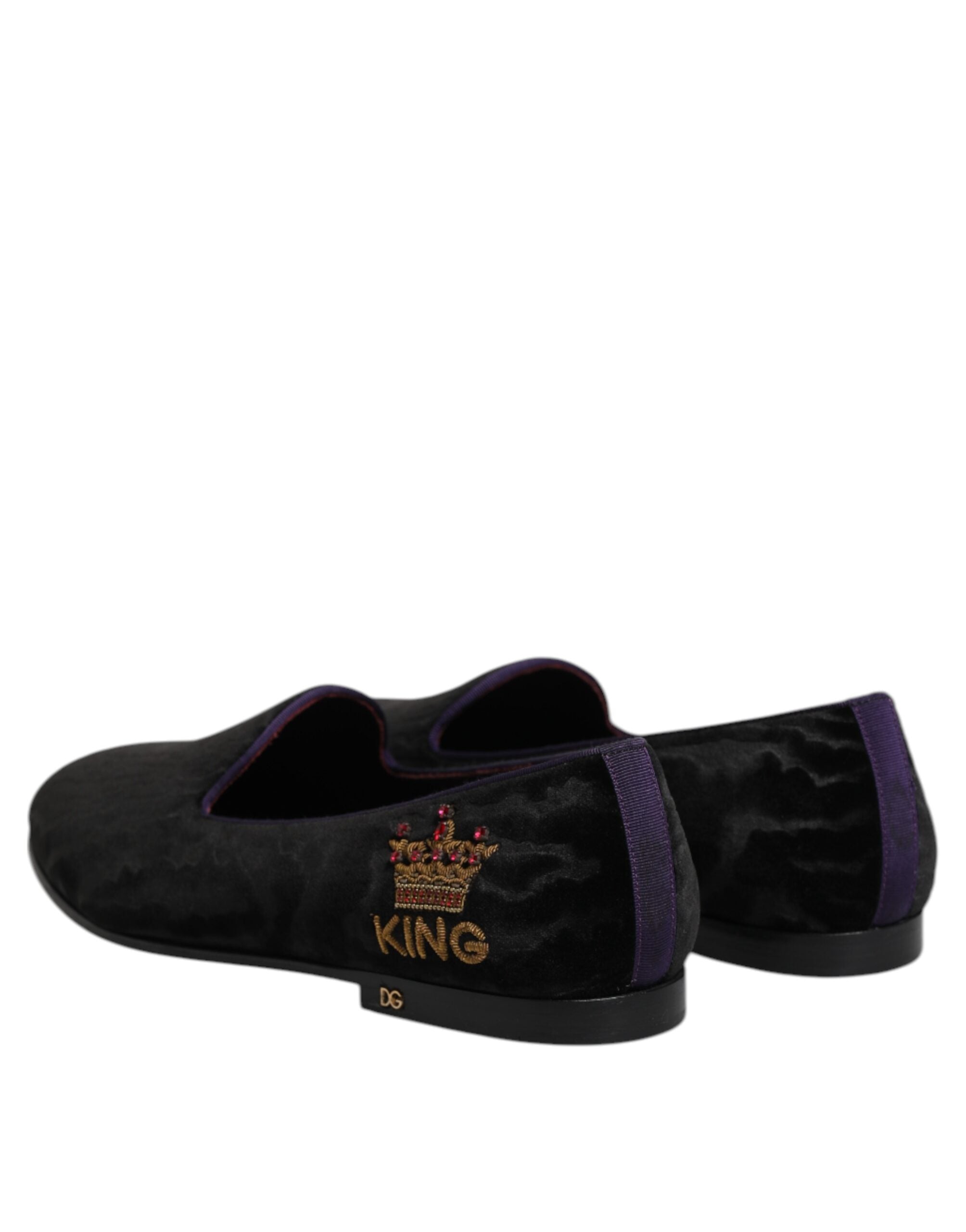 Elevate your style with Dolce & Gabbana's Black DG Crown Embroidery Loafers, a masterpiece of Italian craftsmanship, blending luxurious materials for timeless sophistication.