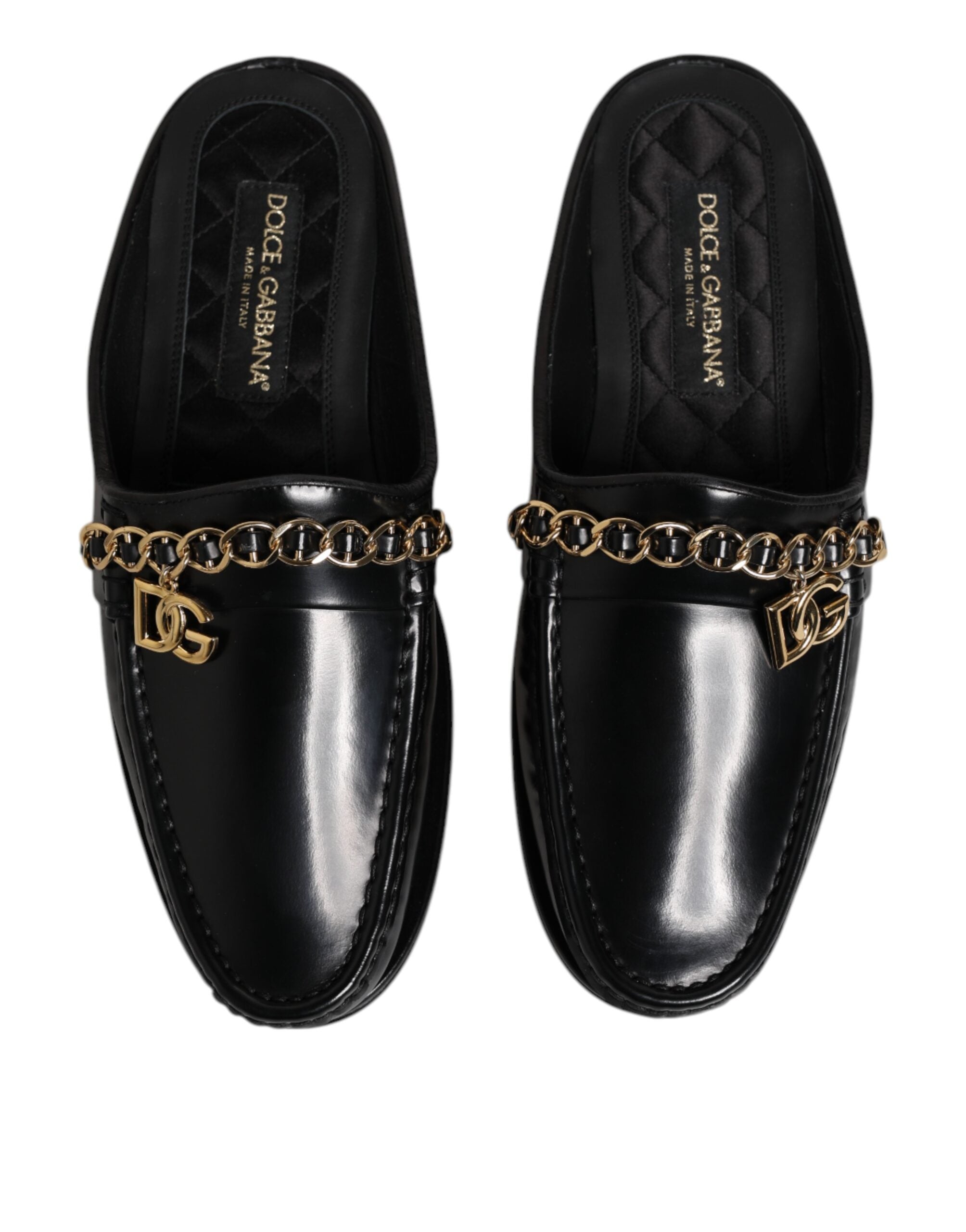 Dolce & Gabbana Black Leather DG Chain Embellished Sandals Shoes
