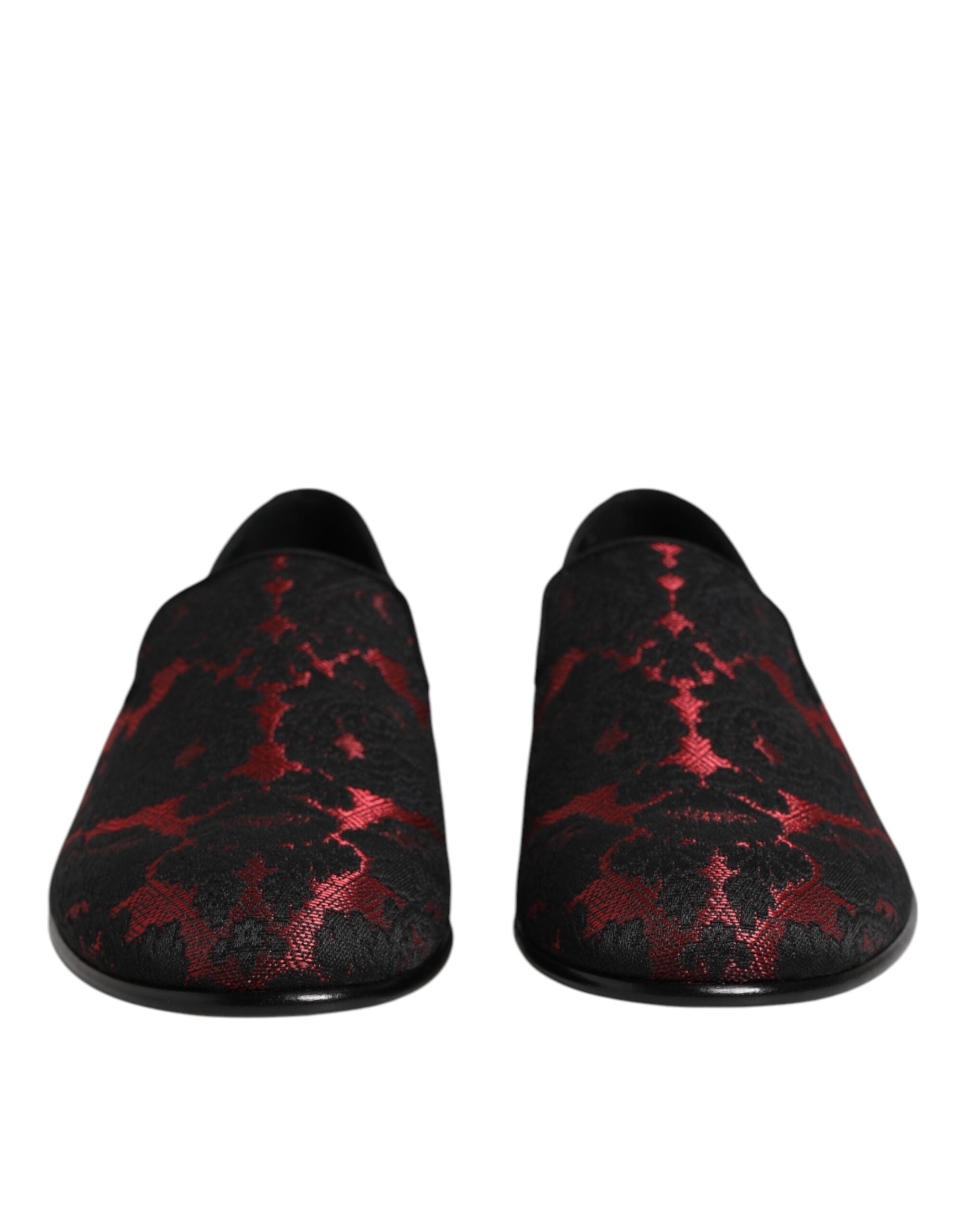 Elevate your elegance with Dolce & Gabbana's Red Black Jacquard Slip On Loafers, where luxurious leather meets exquisite craftsmanship for a timeless statement of sophistication.