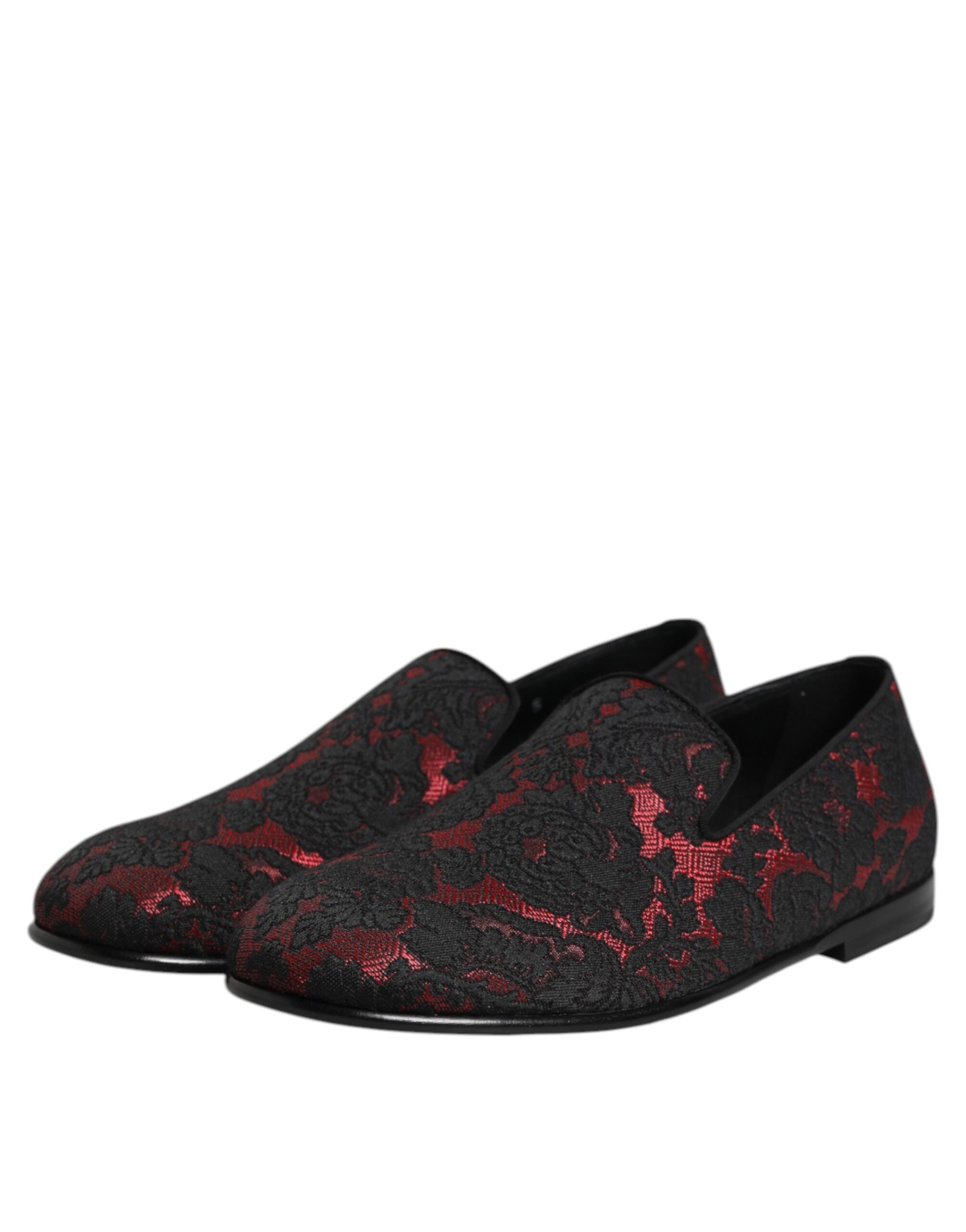 Elevate your style with Dolce & Gabbana's Red Black Jacquard Slip On Loafers, where luxurious leather meets exquisite craftsmanship for timeless elegance.