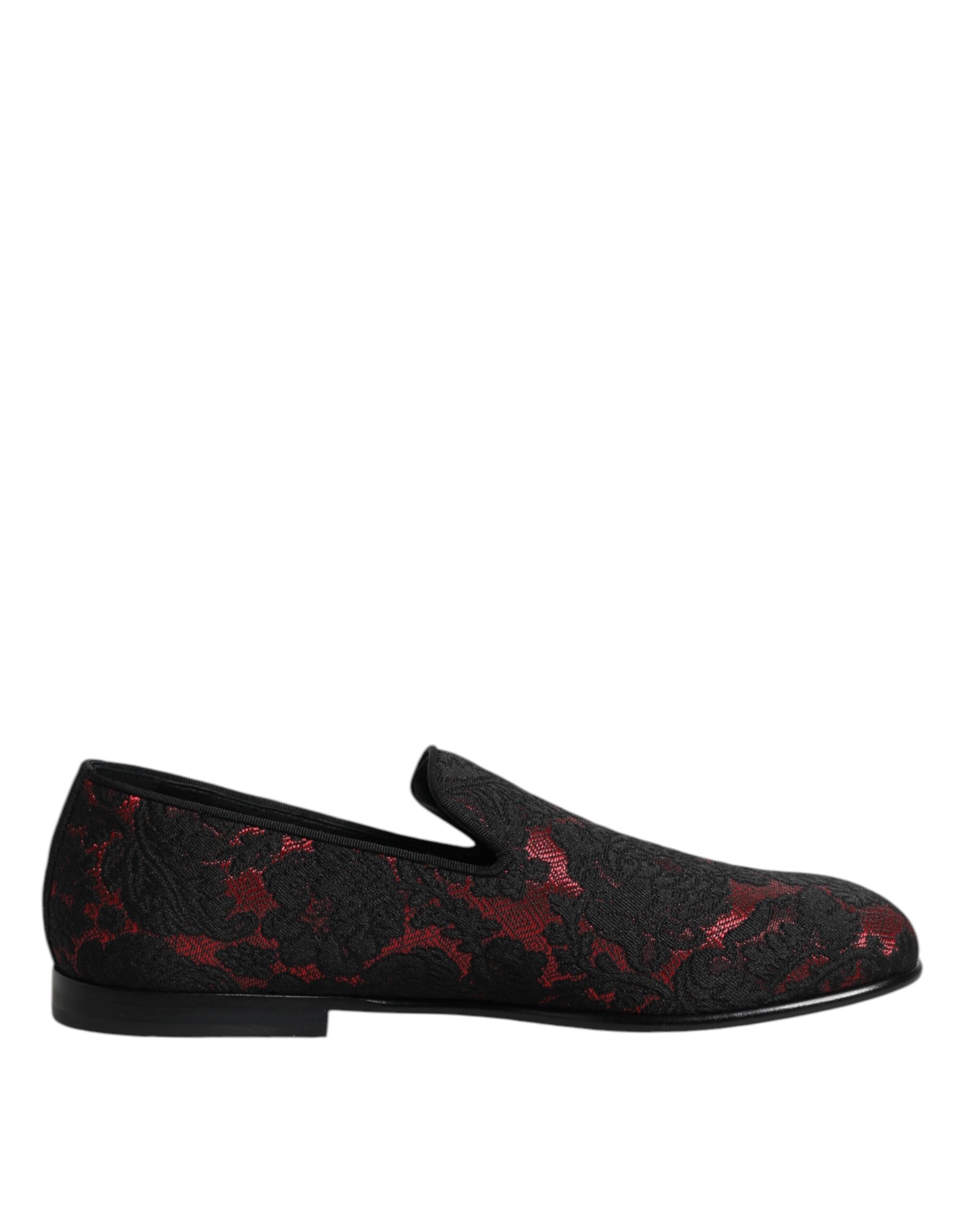 Indulge in the exquisite allure of Dolce & Gabbana's Red Black Jacquard Slip On Loafers, where luxurious leather meets intricate craftsmanship for timeless elegance.